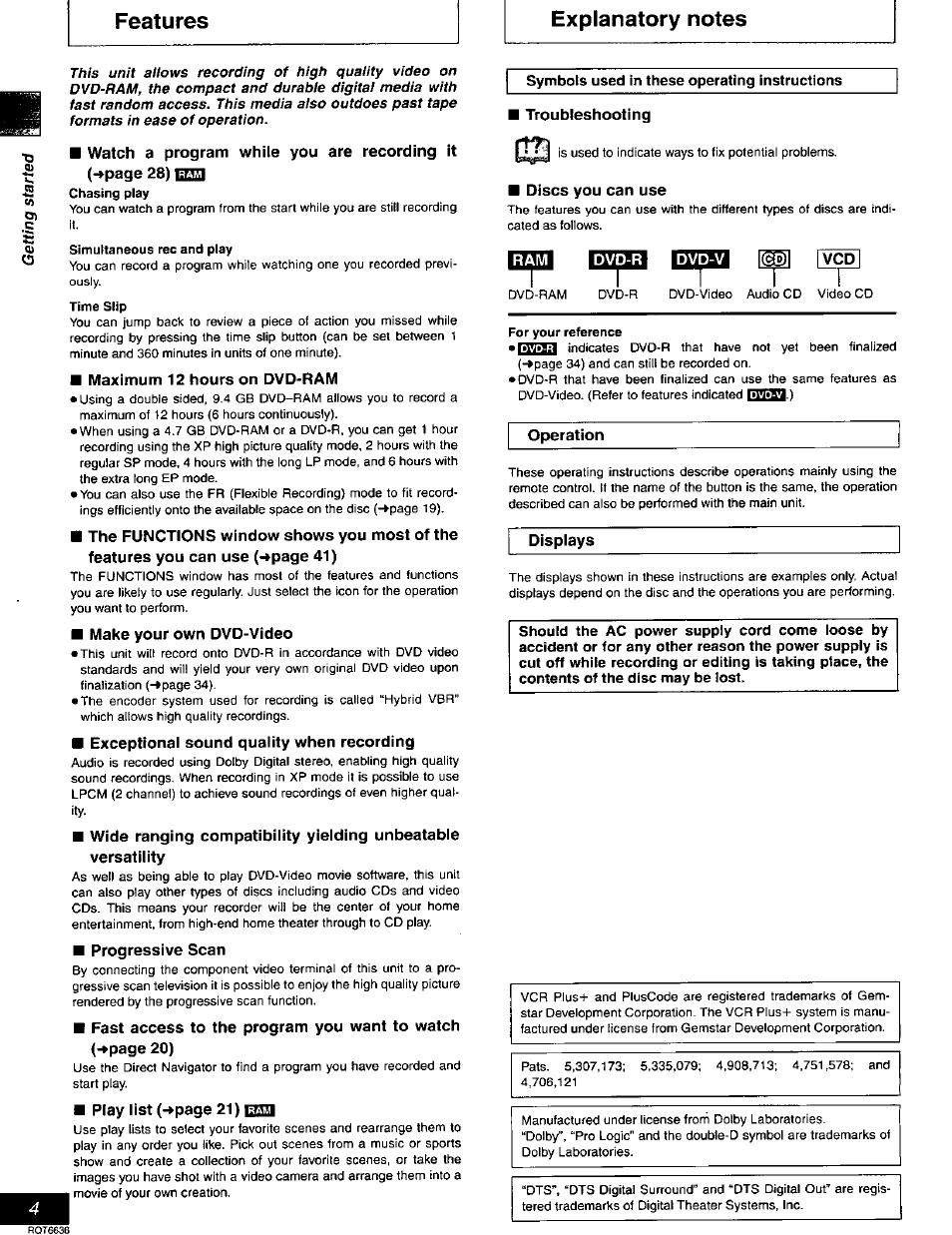 Features, Explanatory notes, Maximum 12 hours on dvd-ram | Make your own dvd-video, Exceptionai sound quaiity when recording, Progressive scan, Troubleshooting, Discs you can use, Operation, Displays | Panasonic DMR-T3030 User Manual | Page 4 / 64