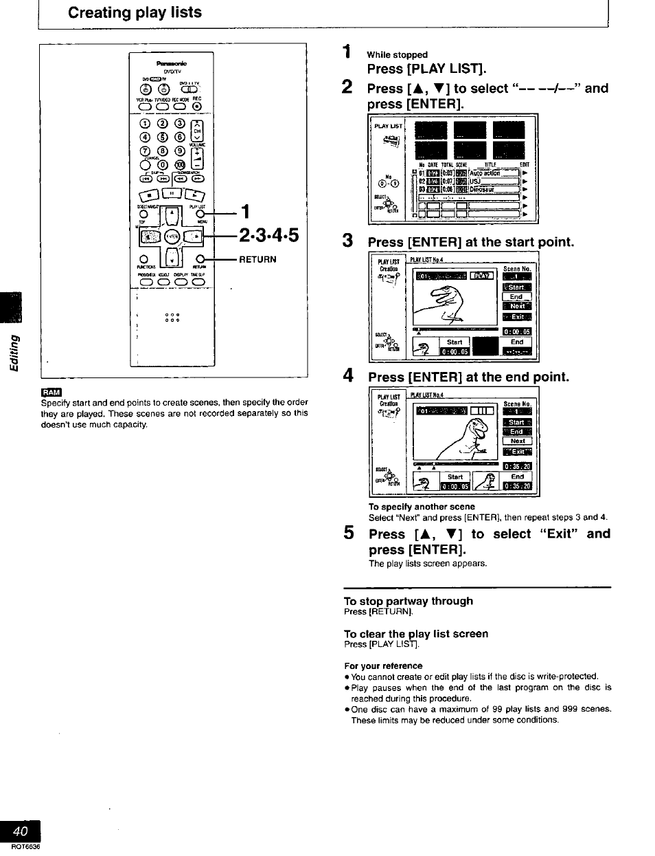 Creating play lists, Press [play list, Press [▲, ▼] to select press [enter | 3 press [enter] at the start point, 4 press [enter] at the end point, Press [a, t] to select “exit” and press [enter, To stop partway through, To clear the play list screen | Panasonic DMR-T3030 User Manual | Page 40 / 64