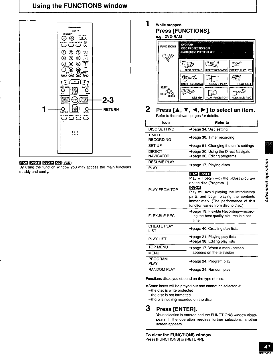 Using the functions window, Press [functions, 3 press [enter | Panasonic DMR-T3030 User Manual | Page 41 / 64