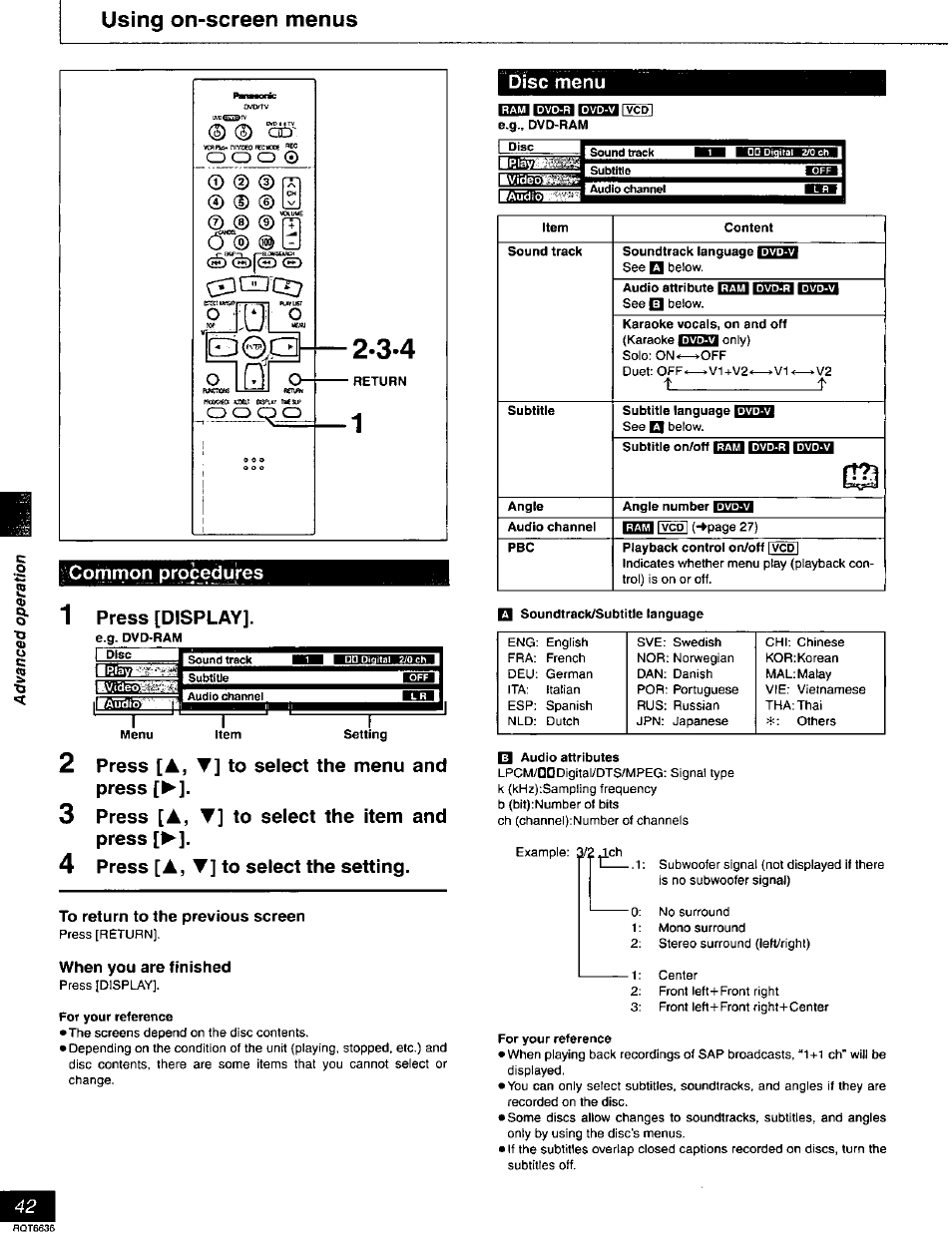 Using on-screen menus, Press [a, t] to select the menu and press, Press [a, t] to select the item and press | Press [a, t] to select the setting, To return to the previous screen, When you are finished, Disc menu | Panasonic DMR-T3030 User Manual | Page 42 / 64