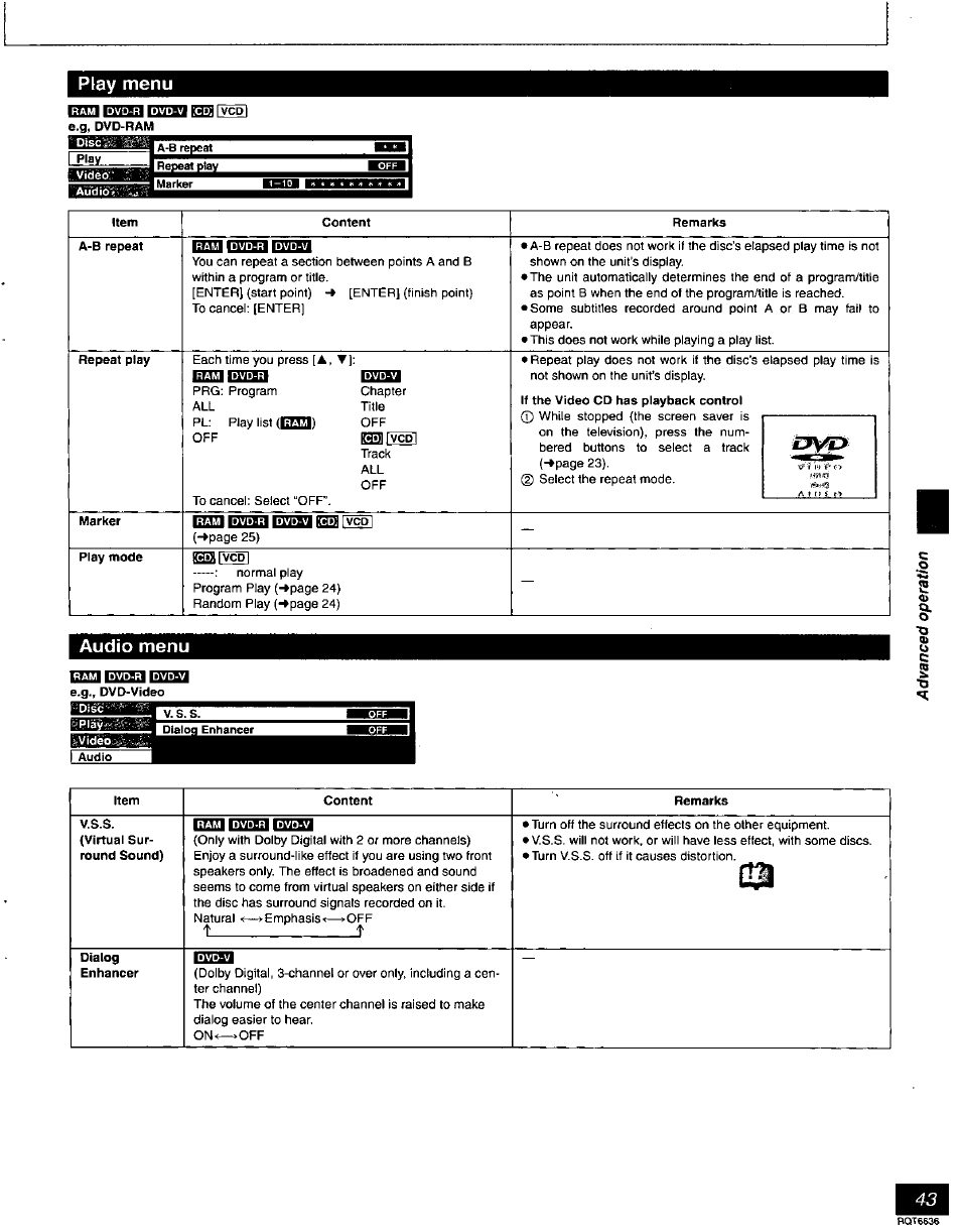 Play menu, Rrm bman groi rvcpi, Audio menu | Panasonic DMR-T3030 User Manual | Page 43 / 64