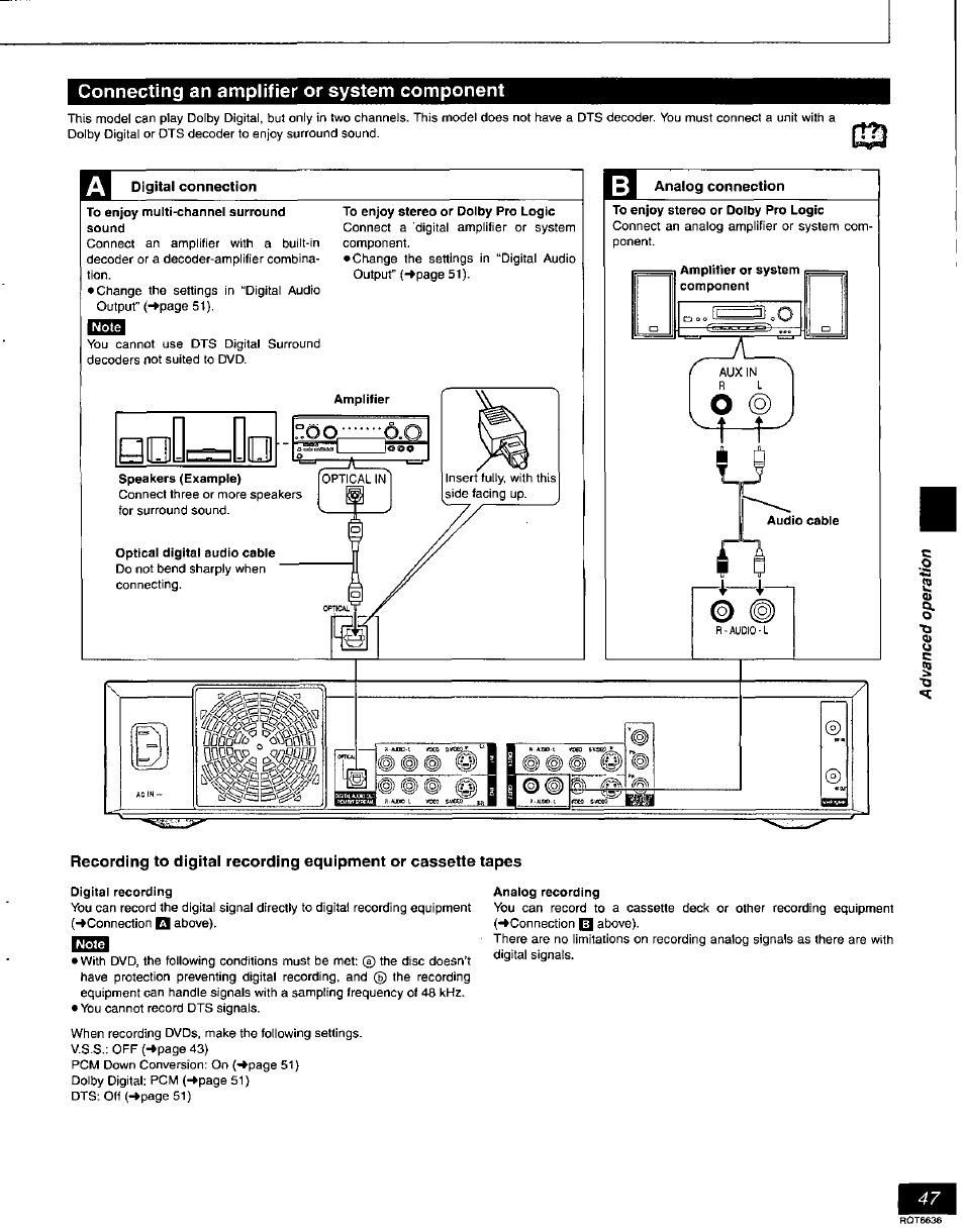 Connecting an amplifier or system component | Panasonic DMR-T3030 User Manual | Page 47 / 64