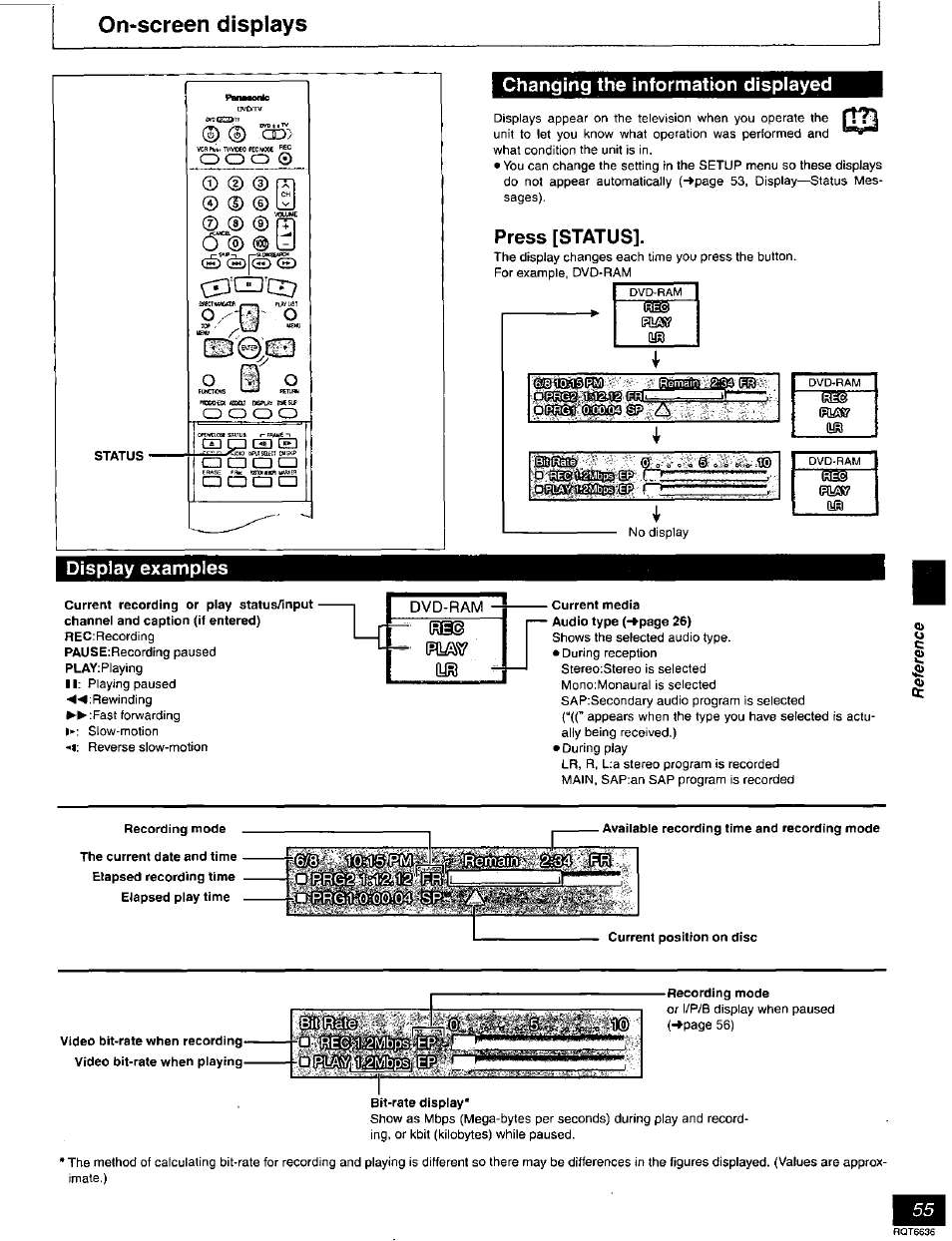 On-screen displays, Display examples, Changing the information displayed | Press [status, Cd <d ® cd cd, Cjcd ® lj, 03'cd'c0, Oz-'p' 9 | Panasonic DMR-T3030 User Manual | Page 55 / 64