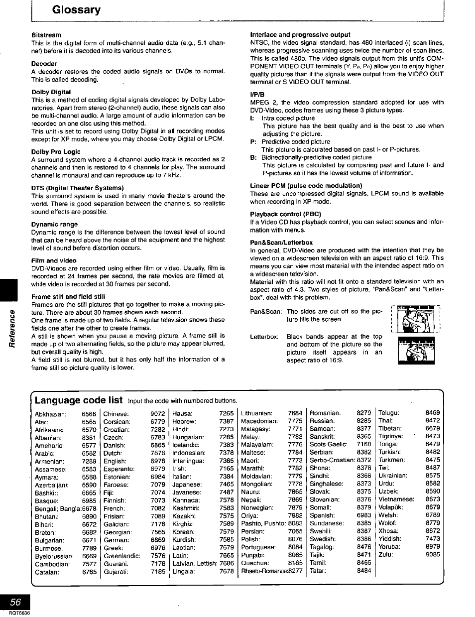 Glossary, Language code list | Panasonic DMR-T3030 User Manual | Page 56 / 64