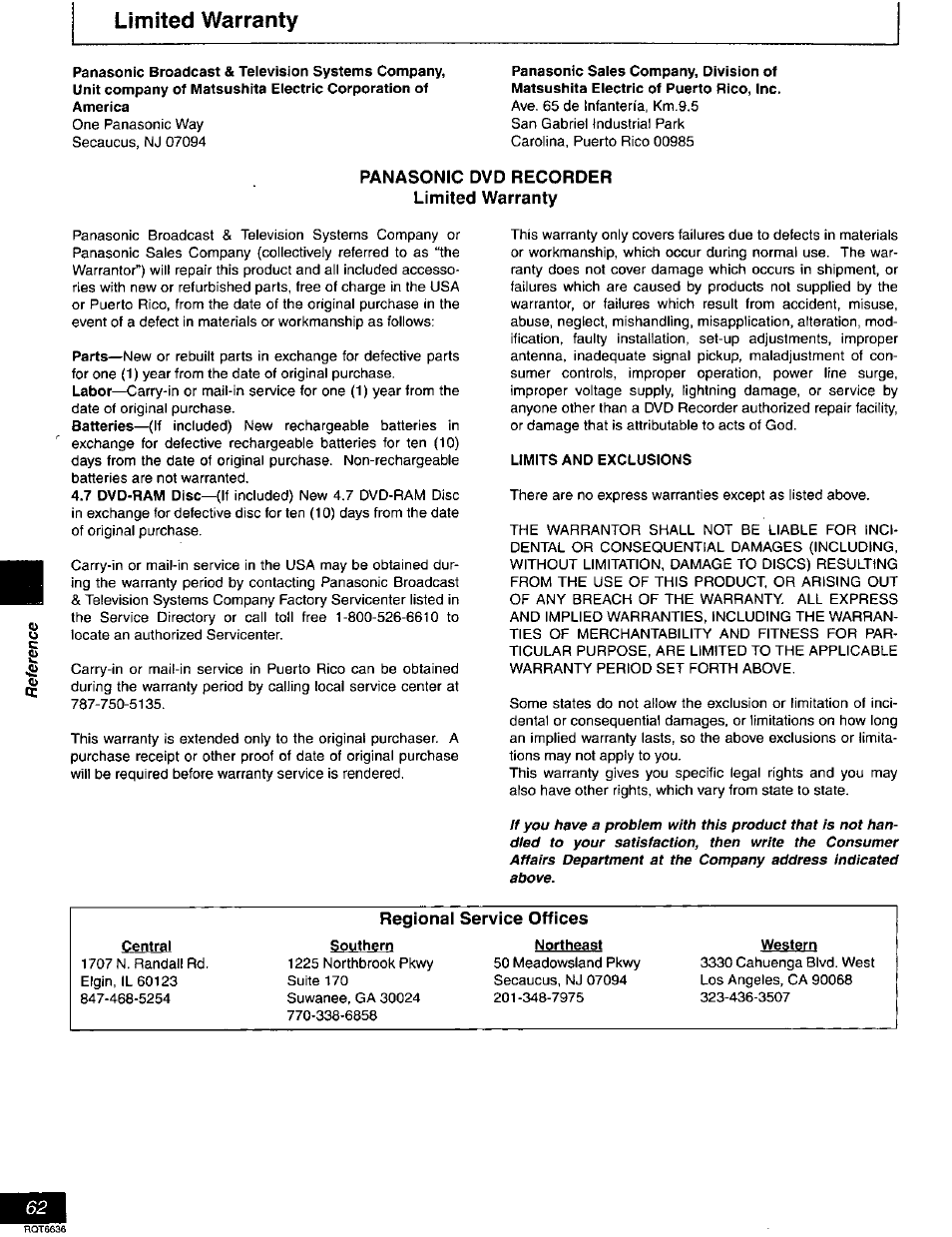 Limited warranty, Panasonic dvd recorder limited warranty | Panasonic DMR-T3030 User Manual | Page 62 / 64
