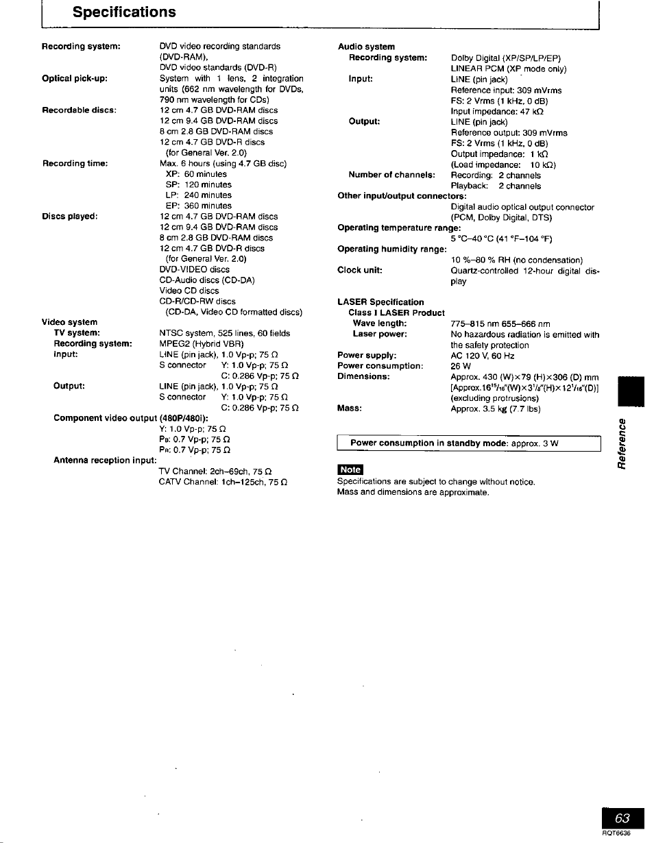 Specifications | Panasonic DMR-T3030 User Manual | Page 63 / 64
