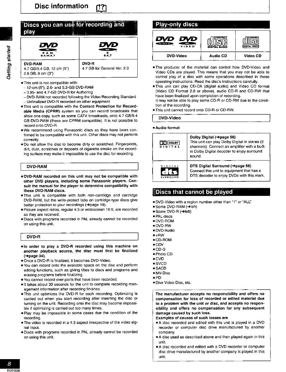Disc information, Bises you can usé fór reòordihg ana, Play .l | Play-only discs, Ipiécè that cannot bé played, Play .......... ...... .........................l | Panasonic DMR-T3030 User Manual | Page 8 / 64