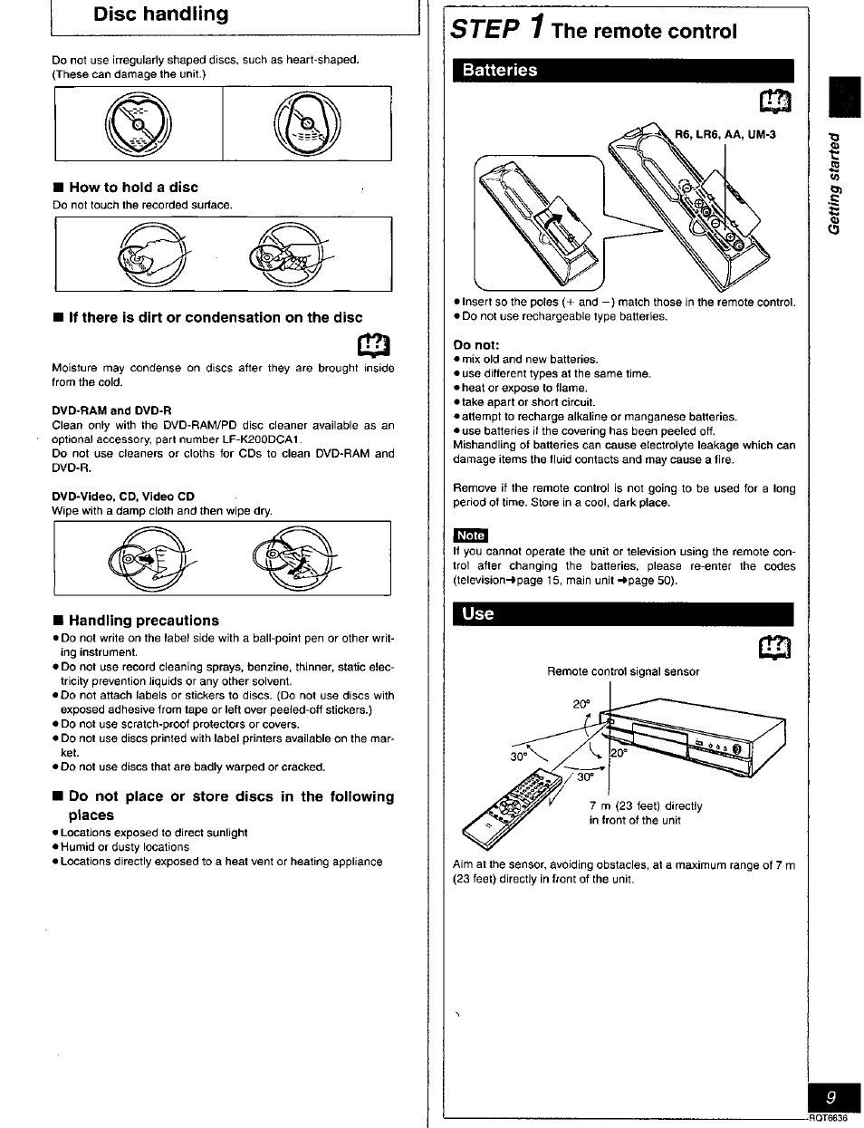 How to hold a disc, If there is dirt or condensation on the disc, Handling precautions | Step 1 the remote control, Batteries, Step, Disc handling, The remote control | Panasonic DMR-T3030 User Manual | Page 9 / 64