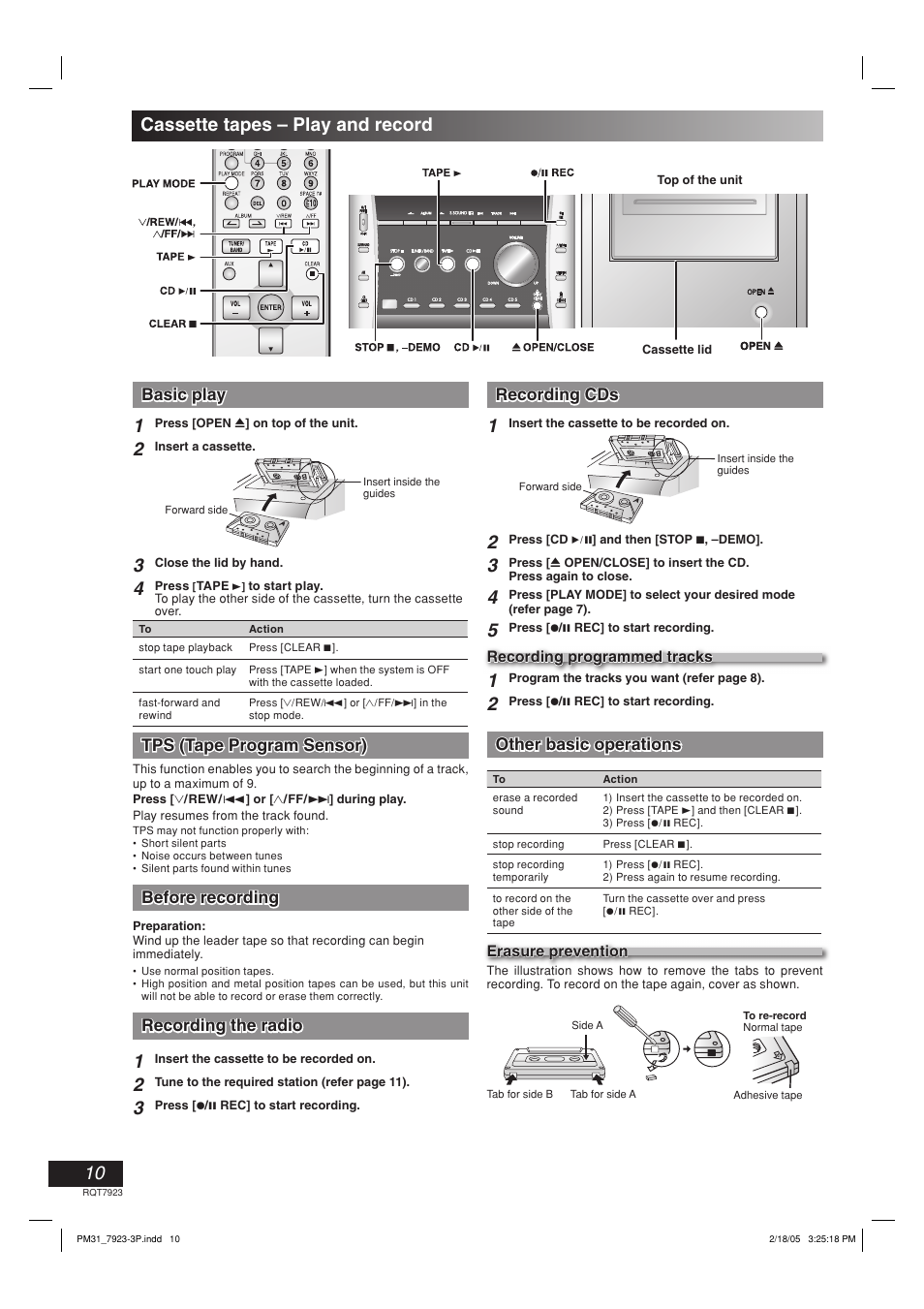 Cassette tapes - play and record, Basic play, Tps (tape program sensor) | Before recording, Recording the radio, Recording cds, Other basic operations, Cassette tapes – play and record | Panasonic SC-PM313 User Manual | Page 10 / 16