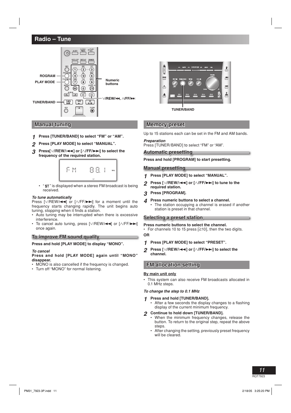 Radio - tune, Manual tuning, Memory preset | Fm allocation setting, Radio – tune | Panasonic SC-PM313 User Manual | Page 11 / 16