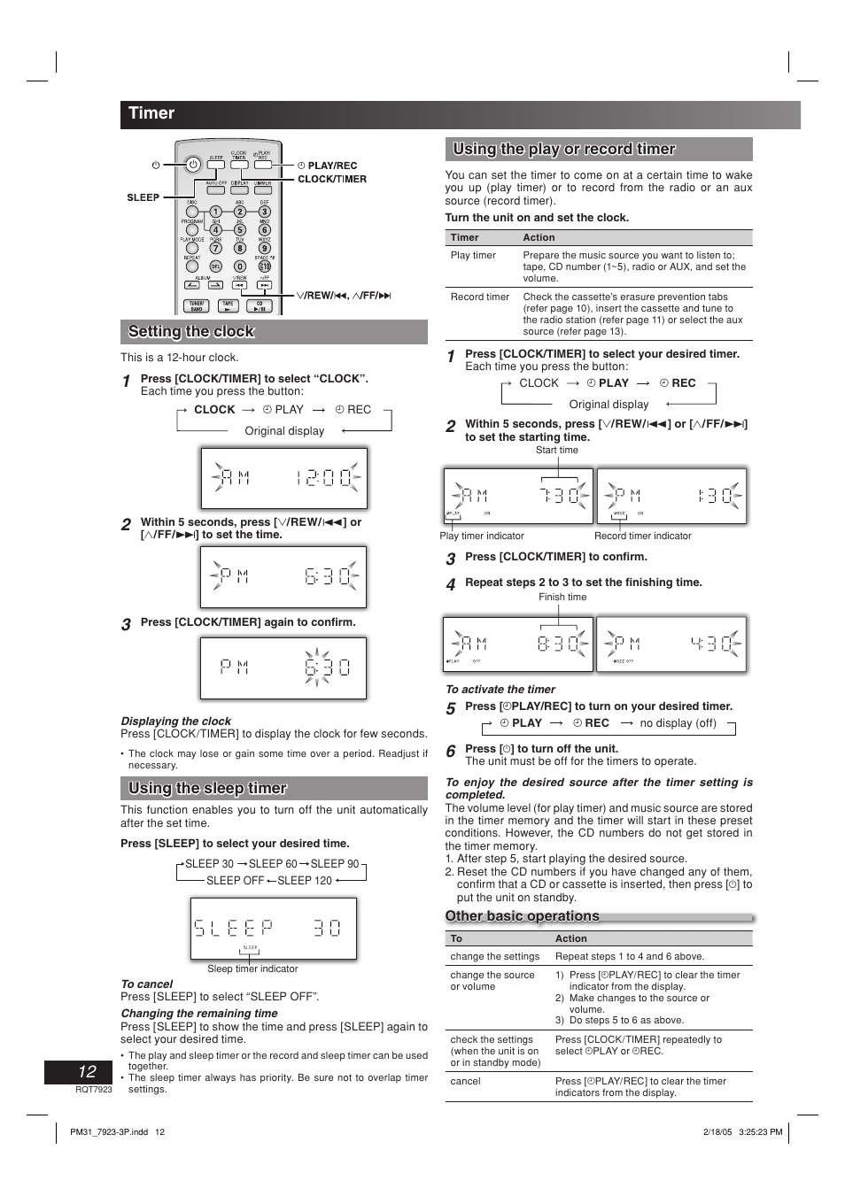 Timer, Setting the clock, Using the sleep timer | Using the play or record timer | Panasonic SC-PM313 User Manual | Page 12 / 16