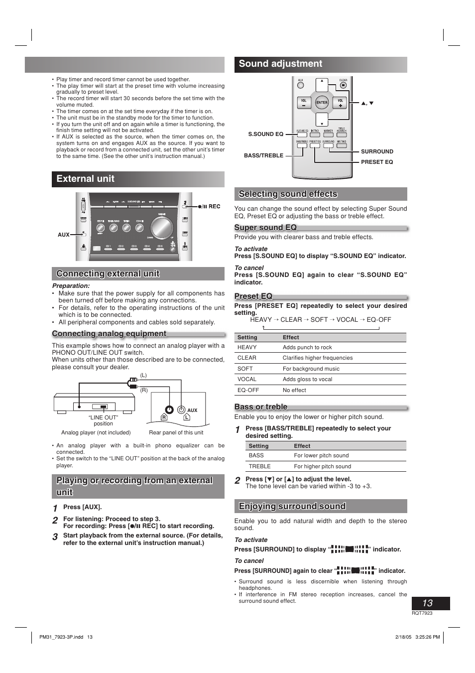 External unit, Connecting external unit, Playing or recording from an external unit | Sound adjustment, Selecting sound effects, Enjoying surround sound | Panasonic SC-PM313 User Manual | Page 13 / 16