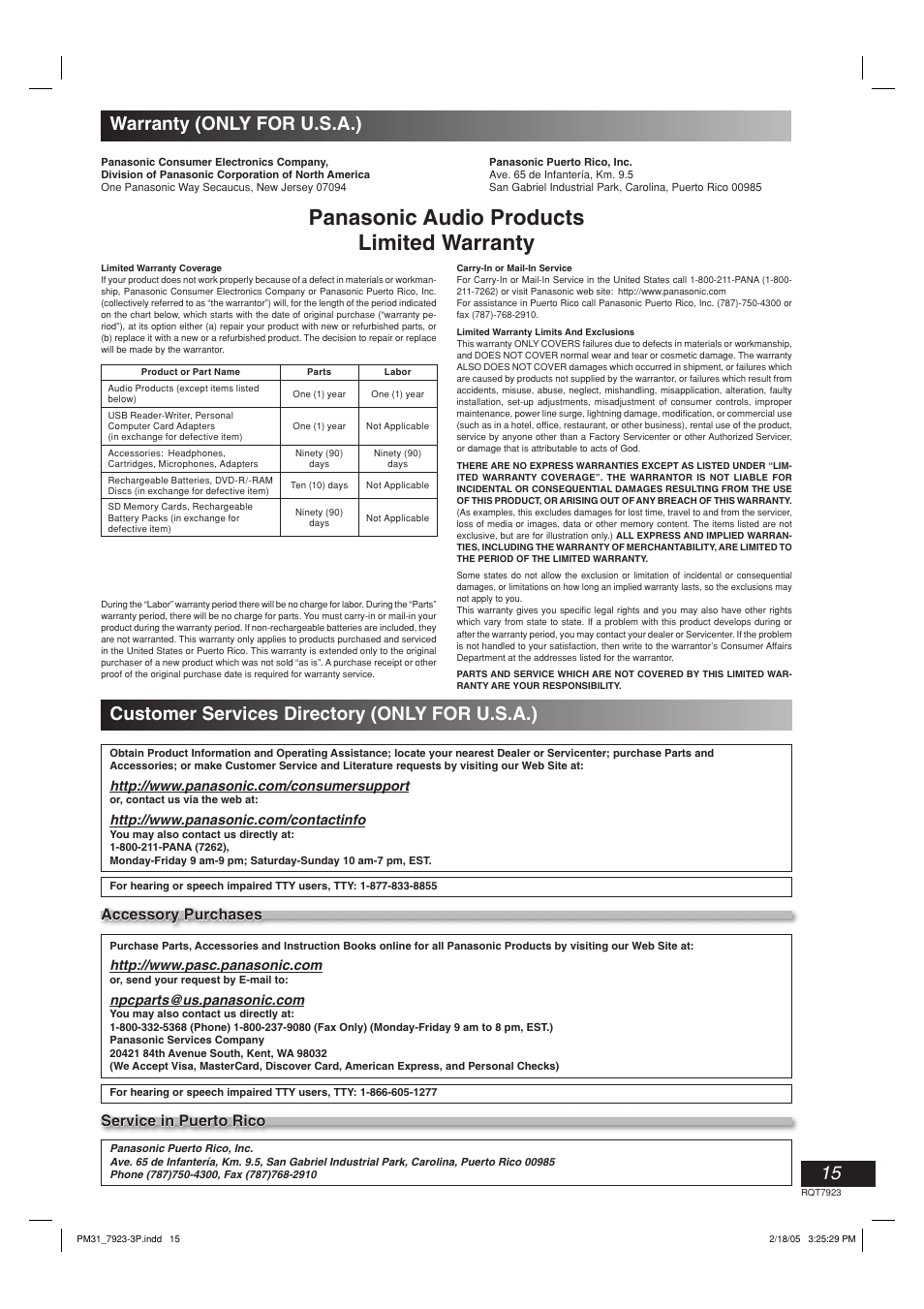 Warranty (only for u.s.a.), Customer services directory (only for u.s.a.), Panasonic audio products limited warranty | Accessory purchases | Panasonic SC-PM313 User Manual | Page 15 / 16