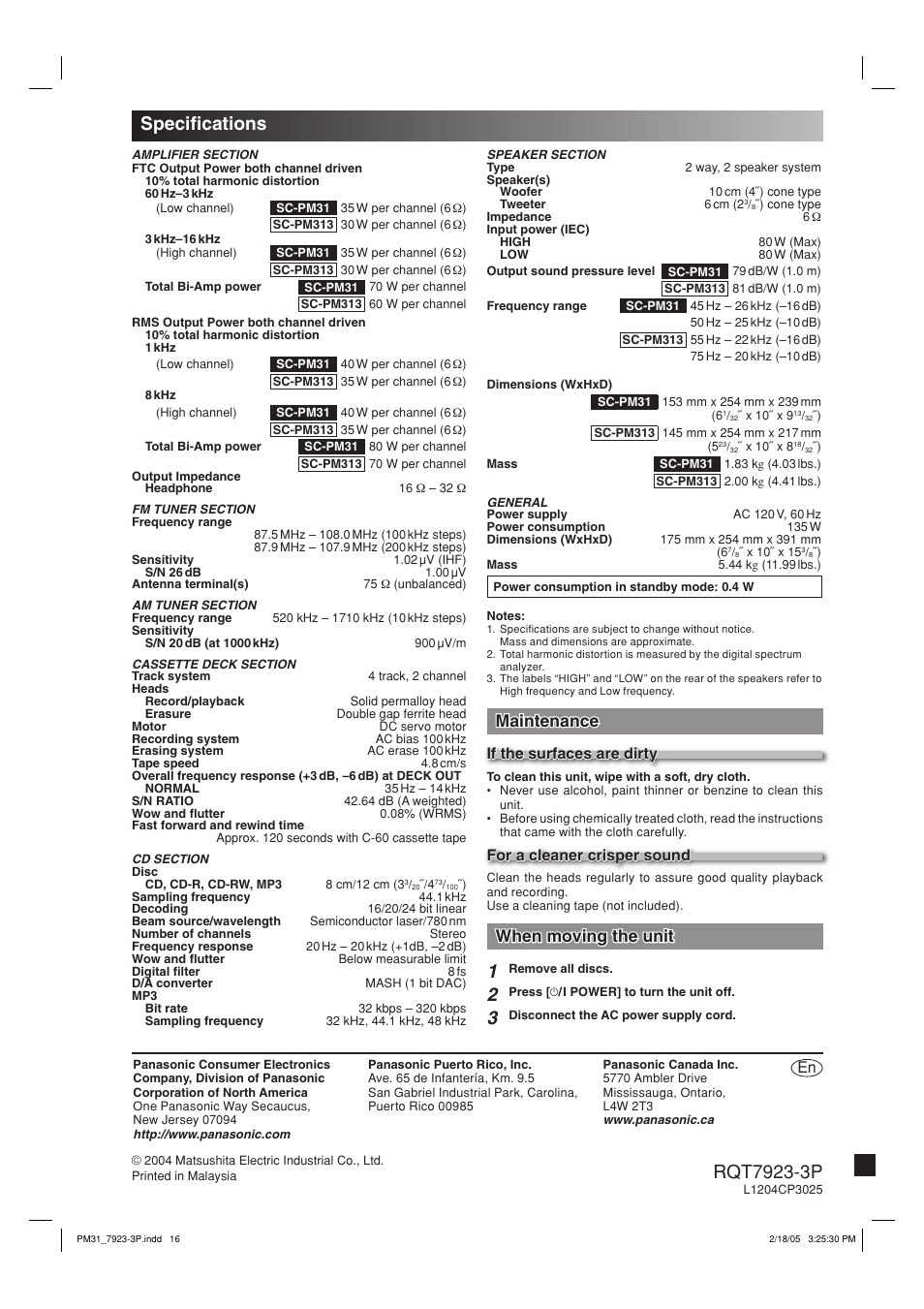 Specifications, Maintenance, When moving the unit | Specifi cations, If the surfaces are dirty, For a cleaner crisper sound | Panasonic SC-PM313 User Manual | Page 16 / 16