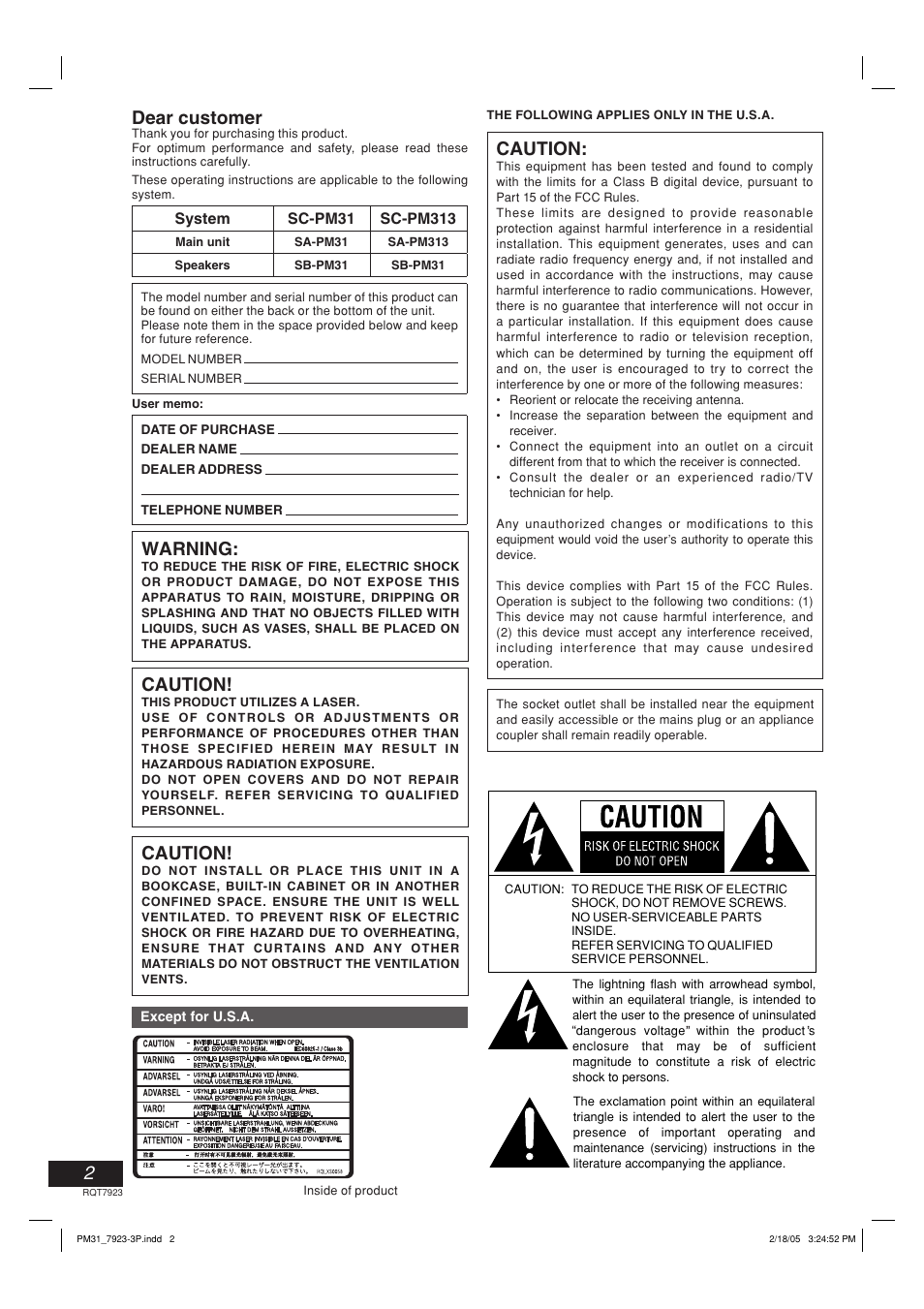Dear customer, Warning, Caution | Panasonic SC-PM313 User Manual | Page 2 / 16