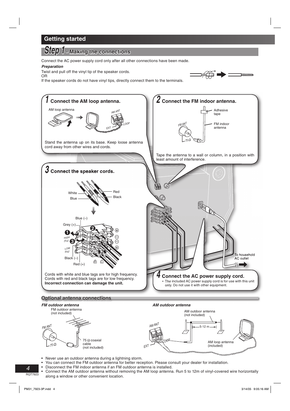 Getting started, Step 1 - making the connections, Step step 1 1 | Panasonic SC-PM313 User Manual | Page 4 / 16