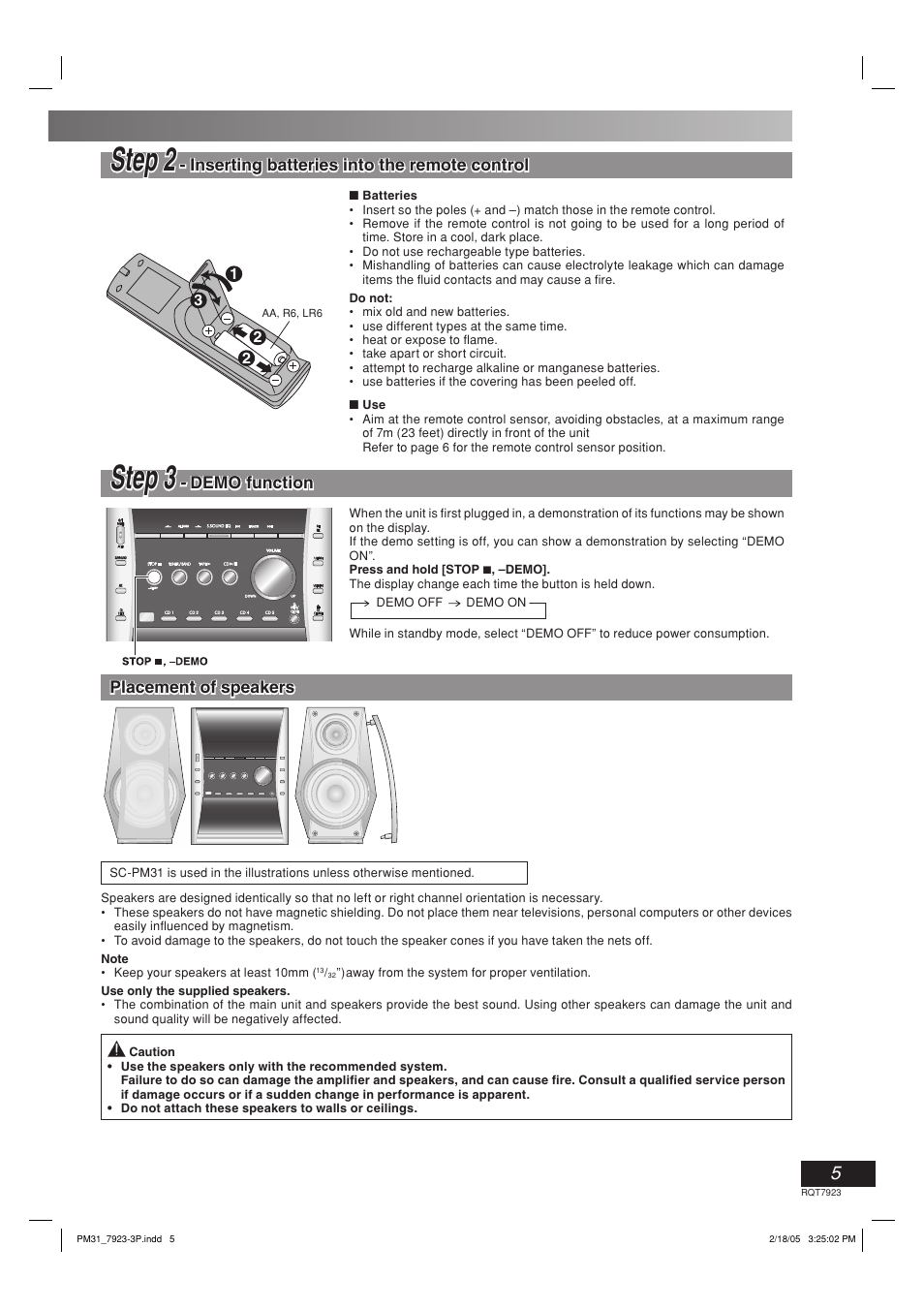 Step 3 - demo function, Placement of speakers, Step 2 | Sstep tep 33 | Panasonic SC-PM313 User Manual | Page 5 / 16