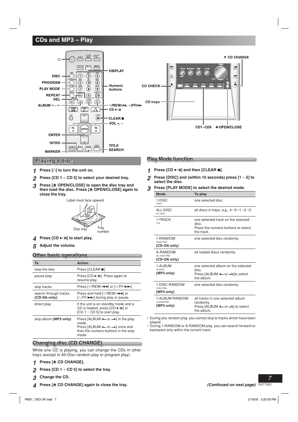 Cds and mp3 - play, Playing a disc, Cds and mp3 – play | Other basic operations, Changing disc (cd change), Play mode function | Panasonic SC-PM313 User Manual | Page 7 / 16
