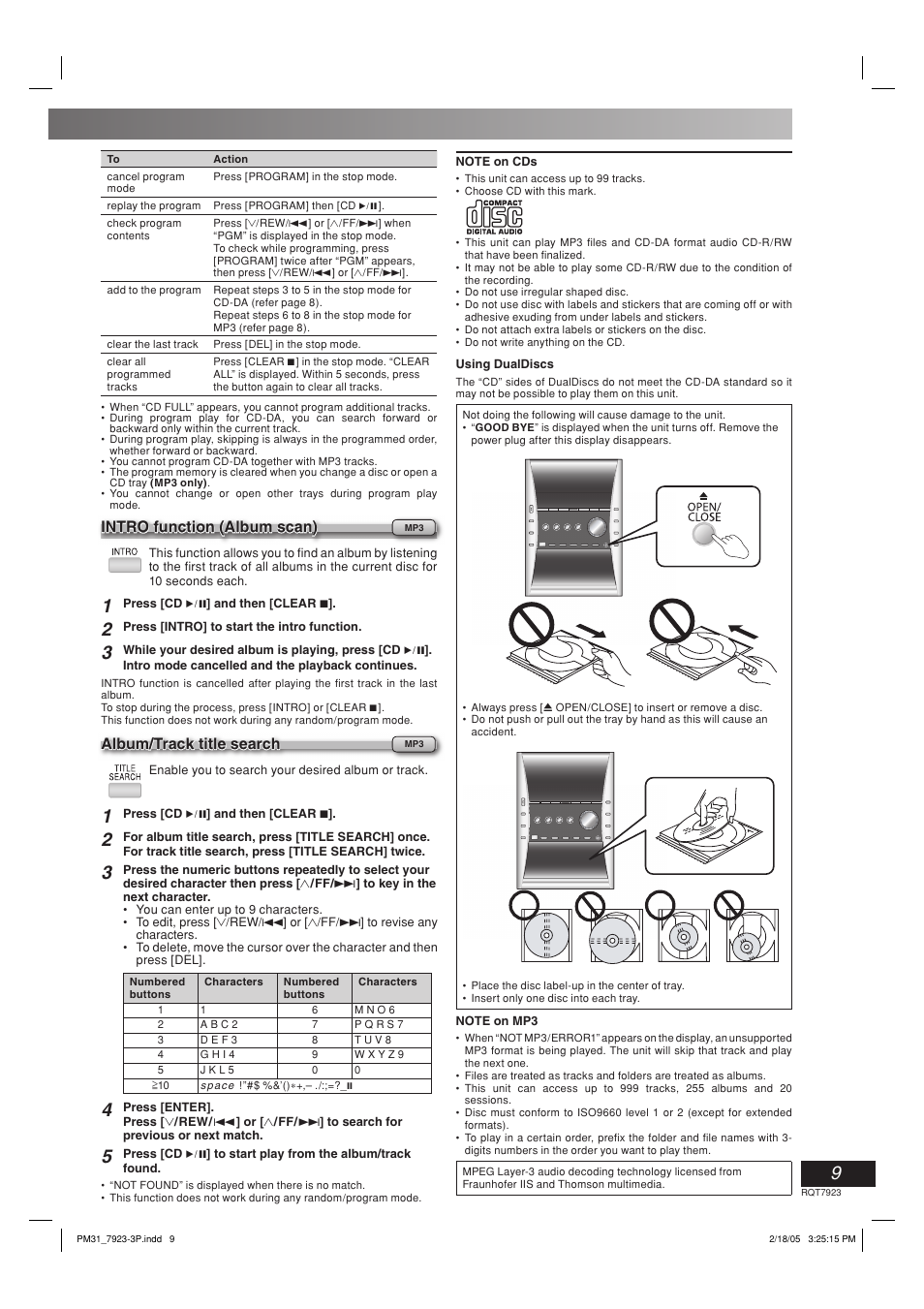 Intro function (album scan), Album/track title search | Panasonic SC-PM313 User Manual | Page 9 / 16