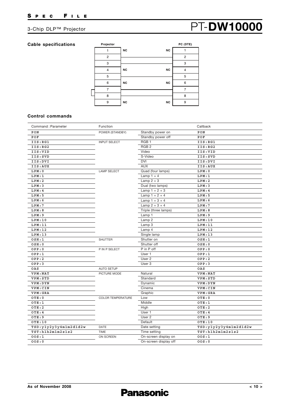 Cable specifications, Control commands, Chip dlp™ projector | Panasonic PT-DW10000 User Manual | Page 10 / 12