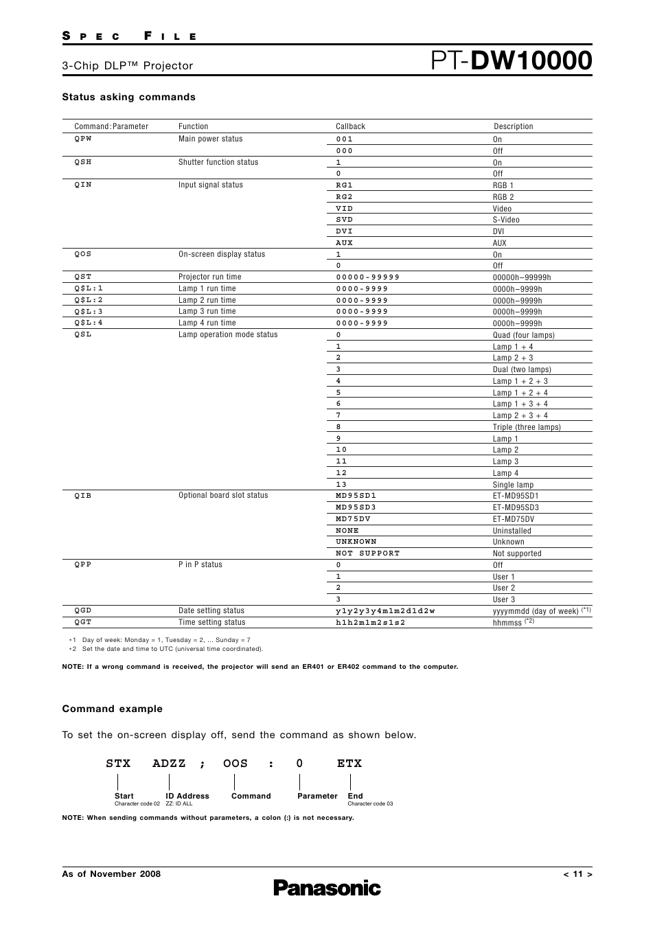 Status asking commands, Command example, Adzz oos : 0 ; etx | Chip dlp™ projector | Panasonic PT-DW10000 User Manual | Page 11 / 12