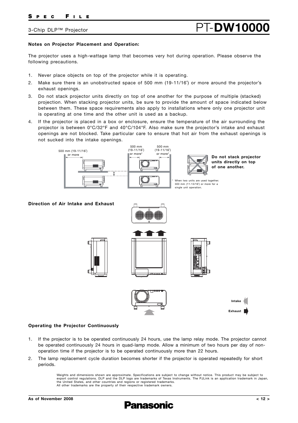 Notes on placement, Direction of air intake and exhaust, Operating the projector continuously | Panasonic PT-DW10000 User Manual | Page 12 / 12
