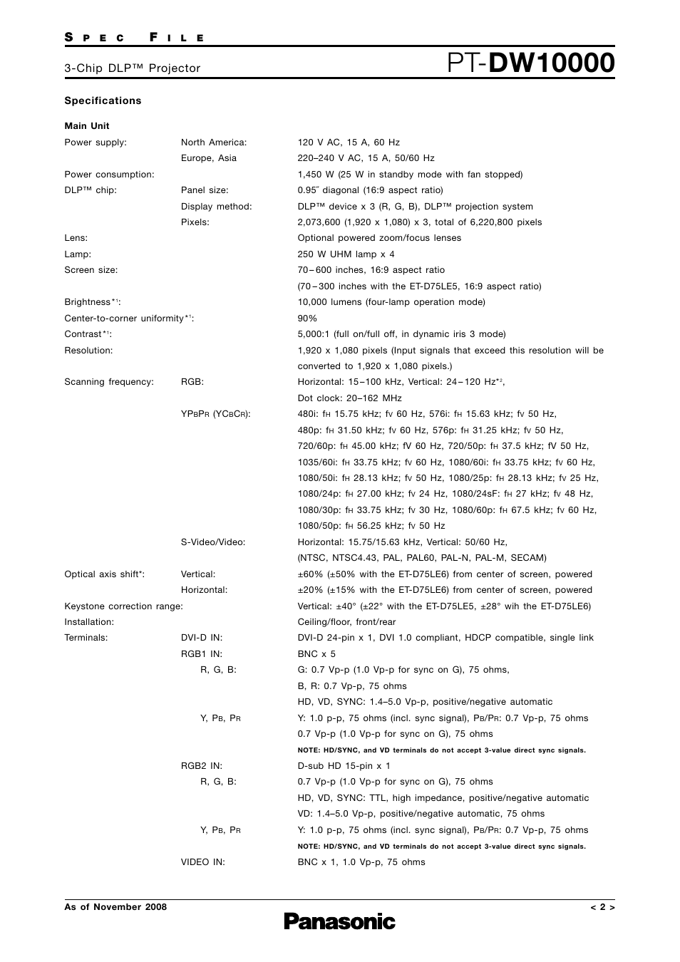 Specifications, Chip dlp™ projector | Panasonic PT-DW10000 User Manual | Page 2 / 12