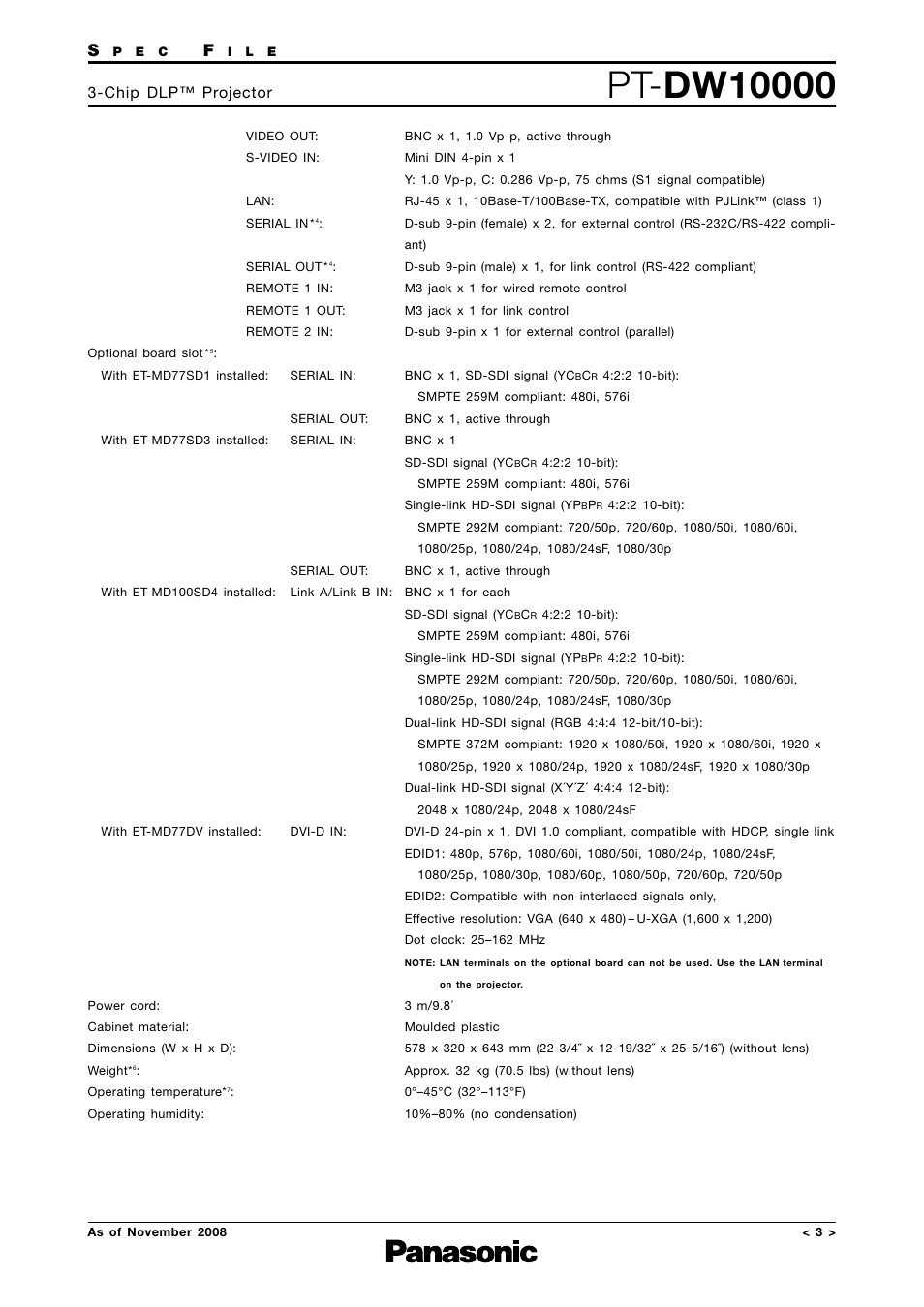 Specifications - 2, Chip dlp™ projector | Panasonic PT-DW10000 User Manual | Page 3 / 12