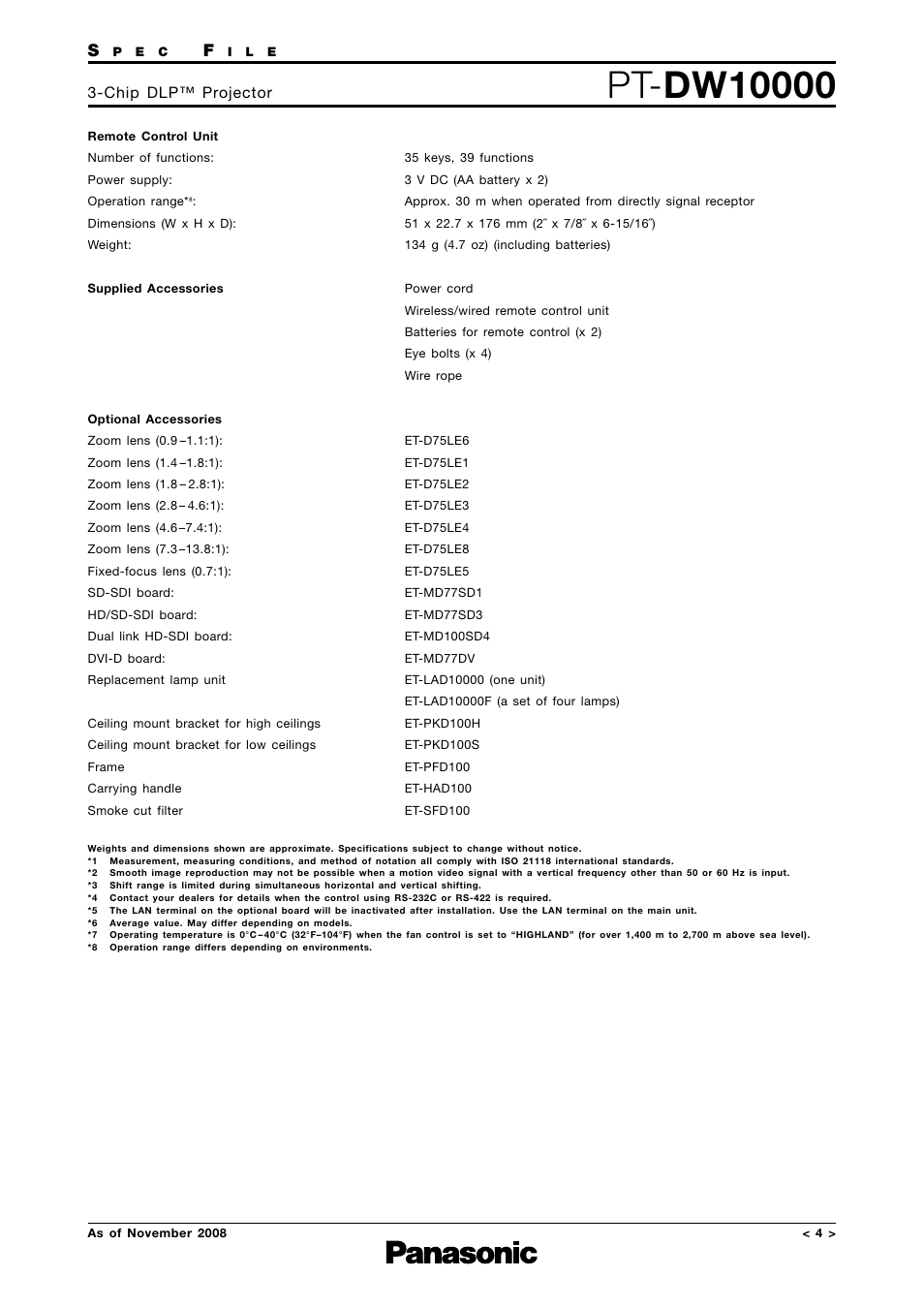 Specifications - 3, Chip dlp™ projector | Panasonic PT-DW10000 User Manual | Page 4 / 12