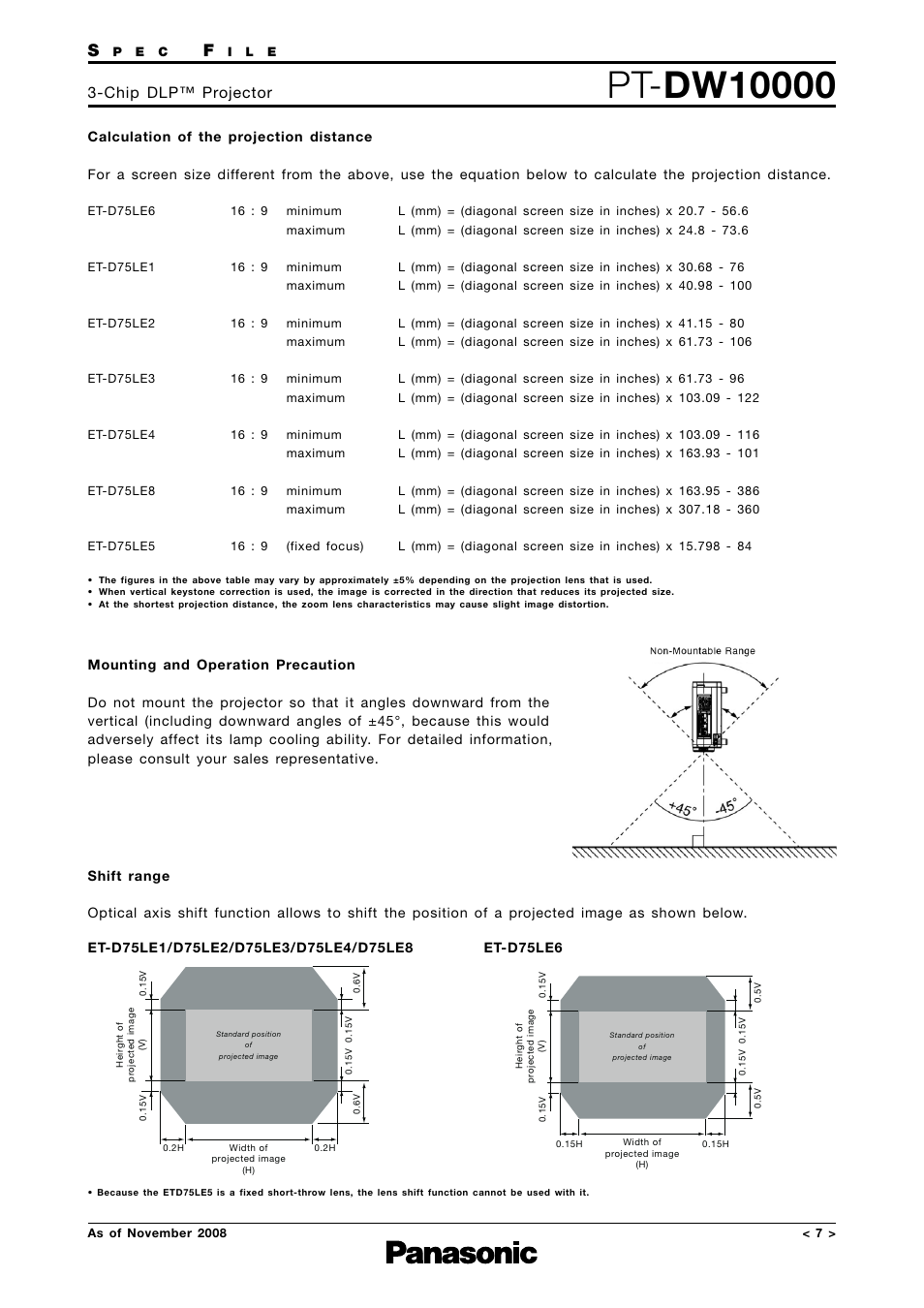 Calculation formula, Mounting precaution, Shift range | Chip dlp™ projector | Panasonic PT-DW10000 User Manual | Page 7 / 12