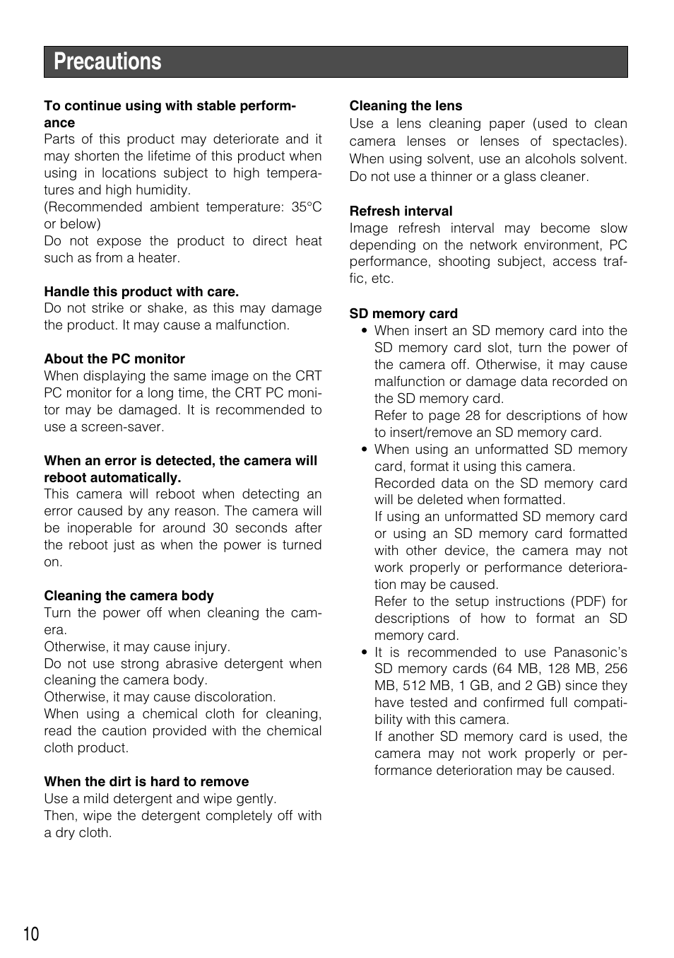 Precautions | Panasonic WV-NP304 User Manual | Page 10 / 36
