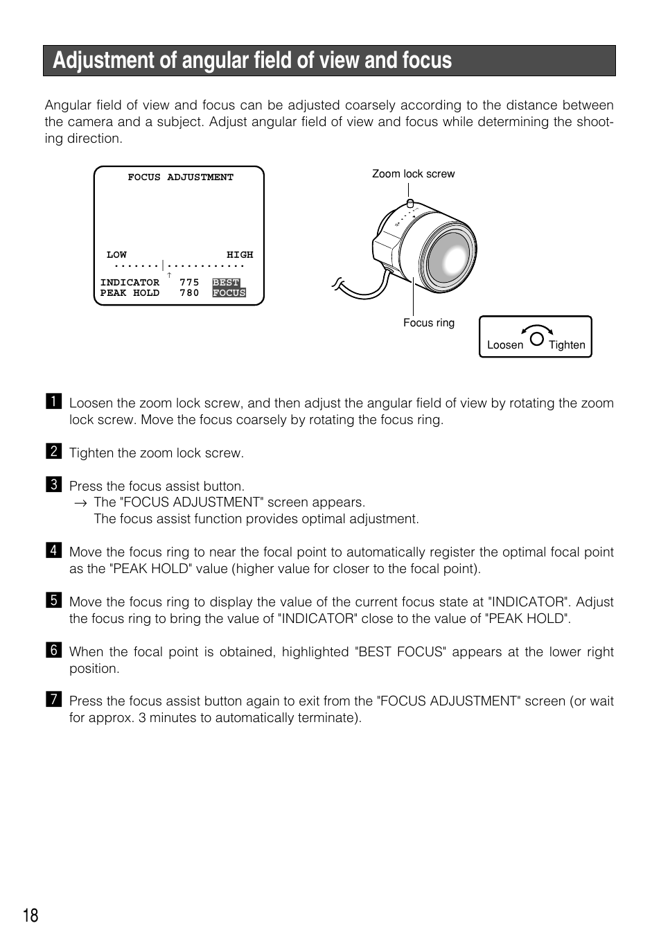 Adjustment of angular field of view and focus | Panasonic WV-NP304 User Manual | Page 18 / 36