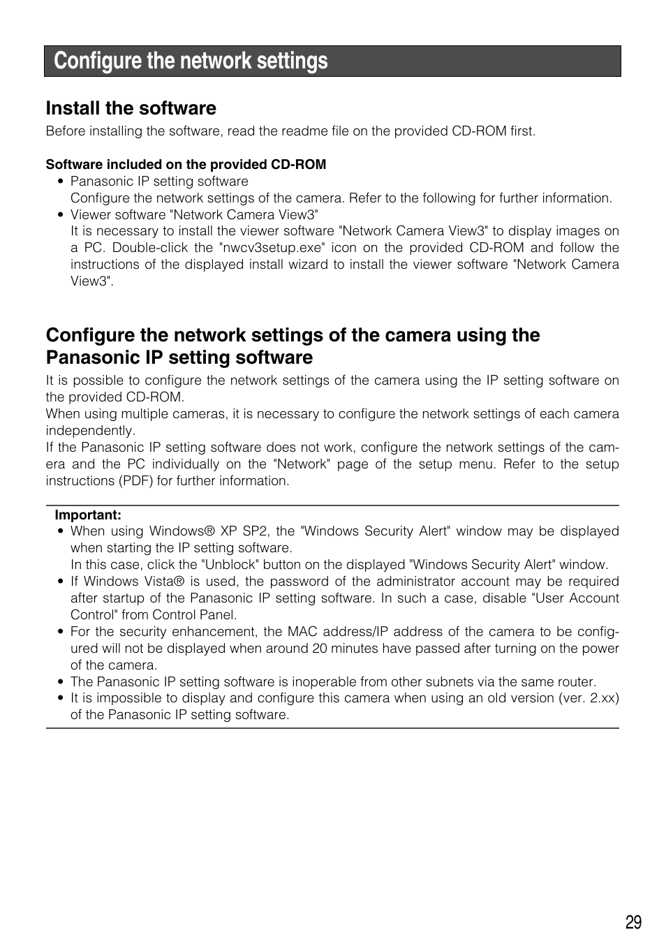 Configure the network settings, 29 install the software | Panasonic WV-NP304 User Manual | Page 29 / 36