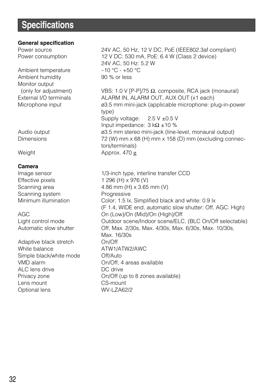Specifications | Panasonic WV-NP304 User Manual | Page 32 / 36