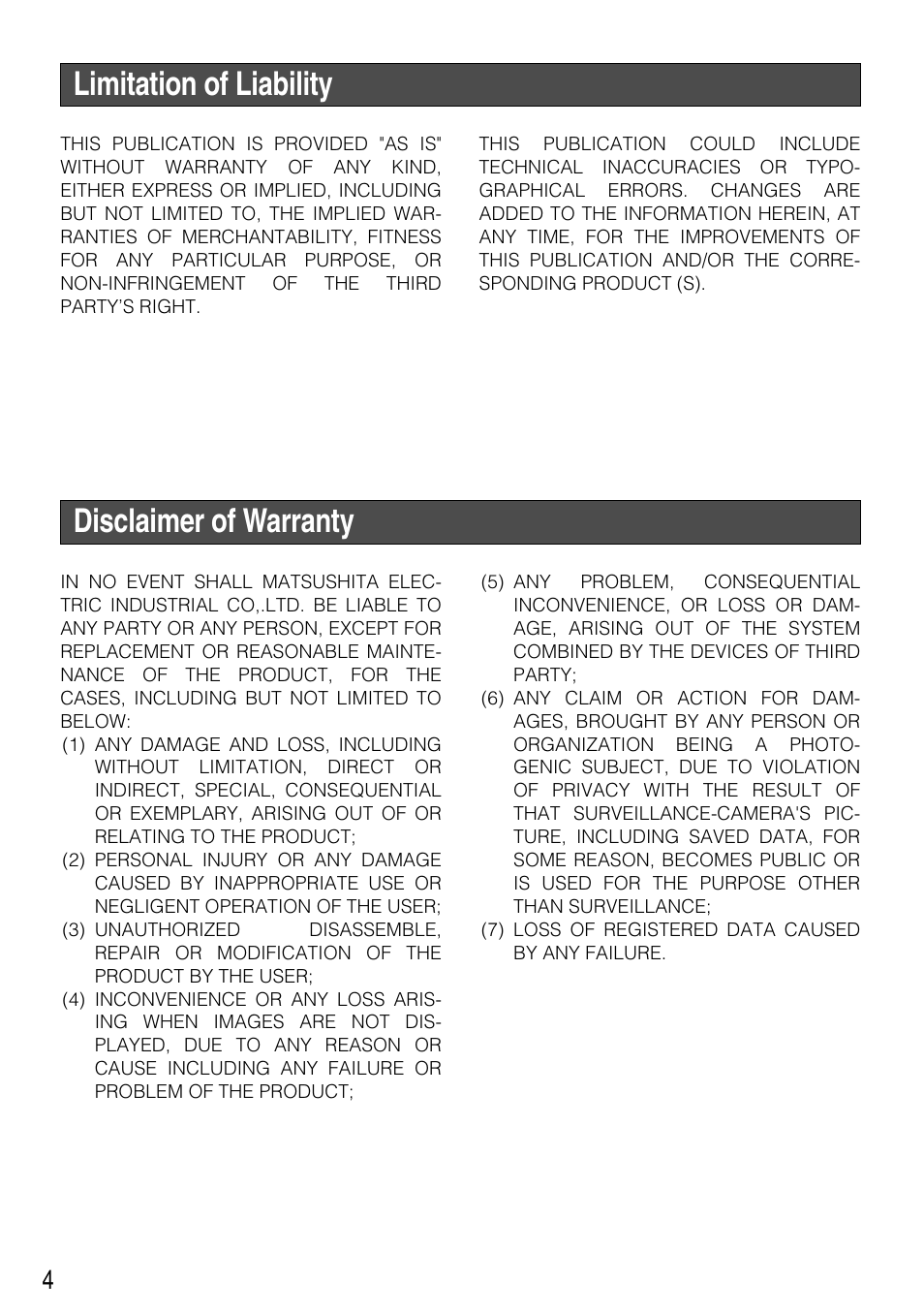 Limitation of liability, Disclaimer of warranty | Panasonic WV-NP304 User Manual | Page 4 / 36