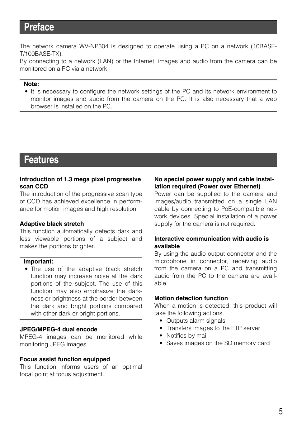 Preface, Features | Panasonic WV-NP304 User Manual | Page 5 / 36