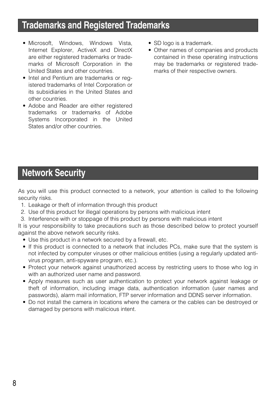 Trademarks and registered trademarks, Network security | Panasonic WV-NP304 User Manual | Page 8 / 36