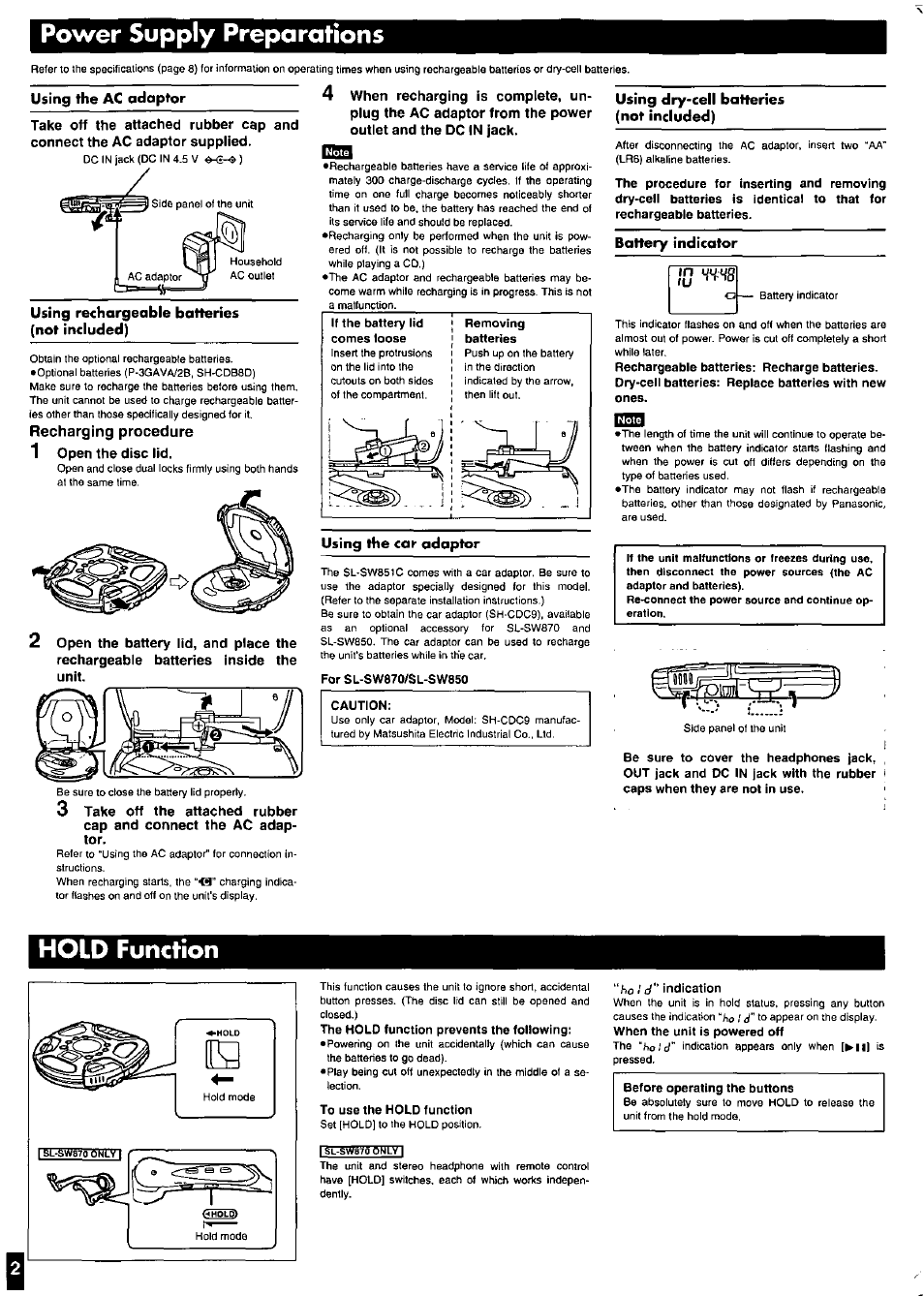 Power supply preparations, Hold function | Panasonic SL-SW851C User Manual | Page 2 / 8