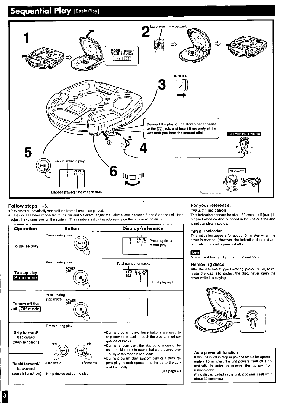 Follow steps 1-6, Sequential play | Panasonic SL-SW851C User Manual | Page 3 / 8
