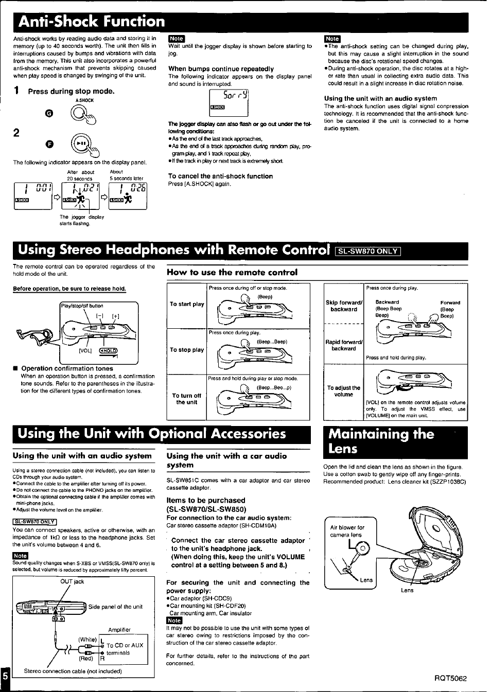 Anti-shock function, Using stereo headphones with remote control, Using the unit with optional accessories | Maintaining the lens | Panasonic SL-SW851C User Manual | Page 5 / 8