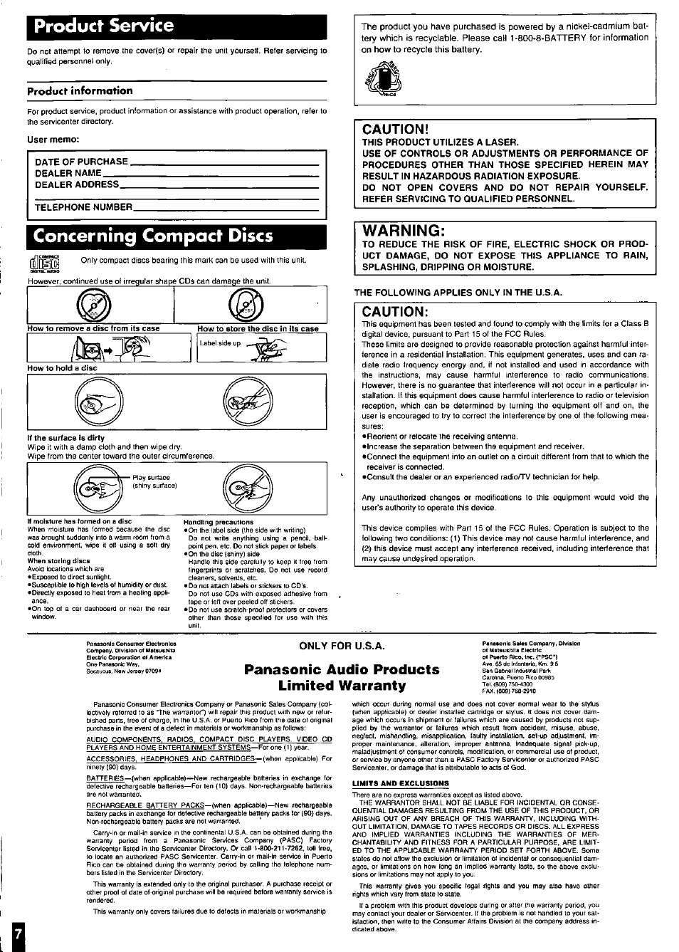 Caution, Product service, Concerning compact discs | Warning, Panasonic audio products limited warranty, Product information | Panasonic SL-SW851C User Manual | Page 7 / 8
