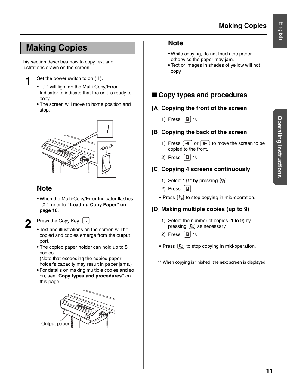 Making copies, Copy types and procedures, Making copies 11 | Operating instructions english, A] copying the front of the screen, B] copying the back of the screen, C] copying 4 screens continuously, D] making multiple copies (up to 9) | Panasonic UB-7320 User Manual | Page 11 / 42