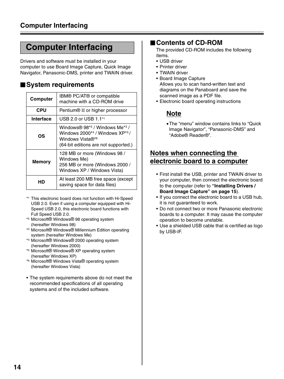 Computer interfacing, System requirements, Contents of cd-rom | Computer interfacing 14 | Panasonic UB-7320 User Manual | Page 14 / 42