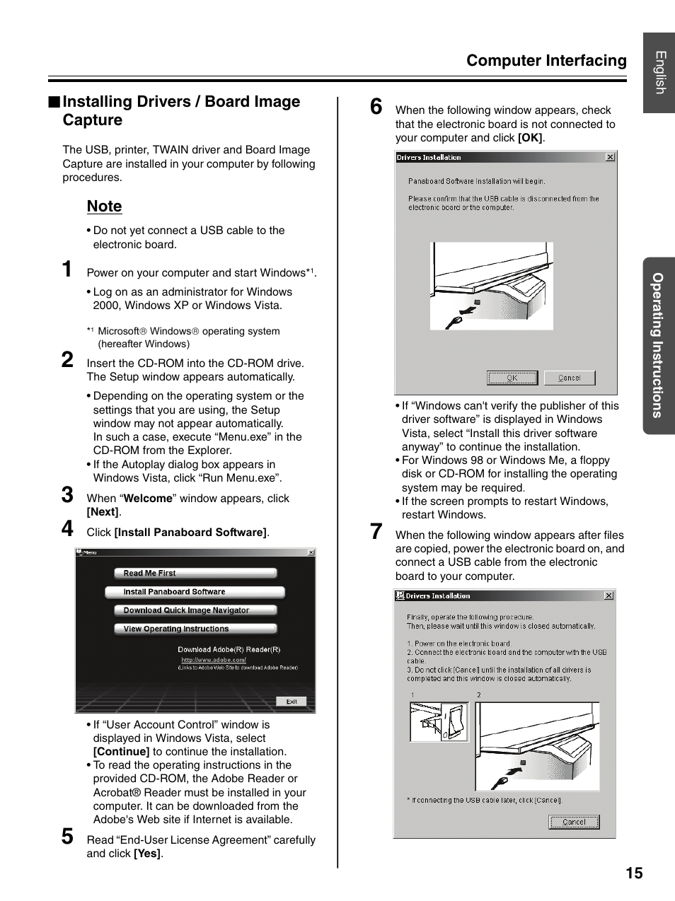 Installing drivers / board image capture, Computer interfacing 15 | Panasonic UB-7320 User Manual | Page 15 / 42