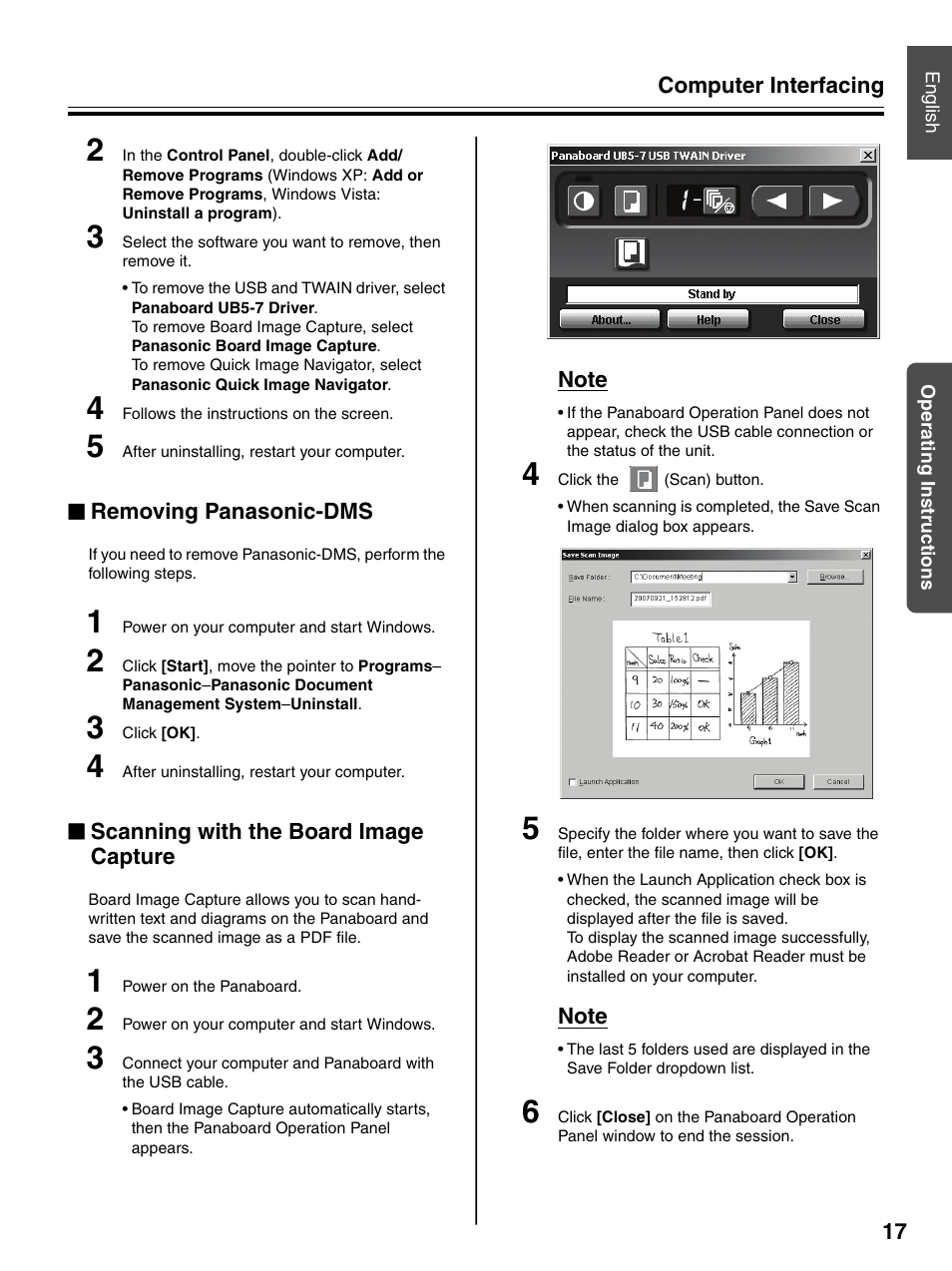 Removing panasonic-dms, Scanning with the board image capture | Panasonic UB-7320 User Manual | Page 17 / 42