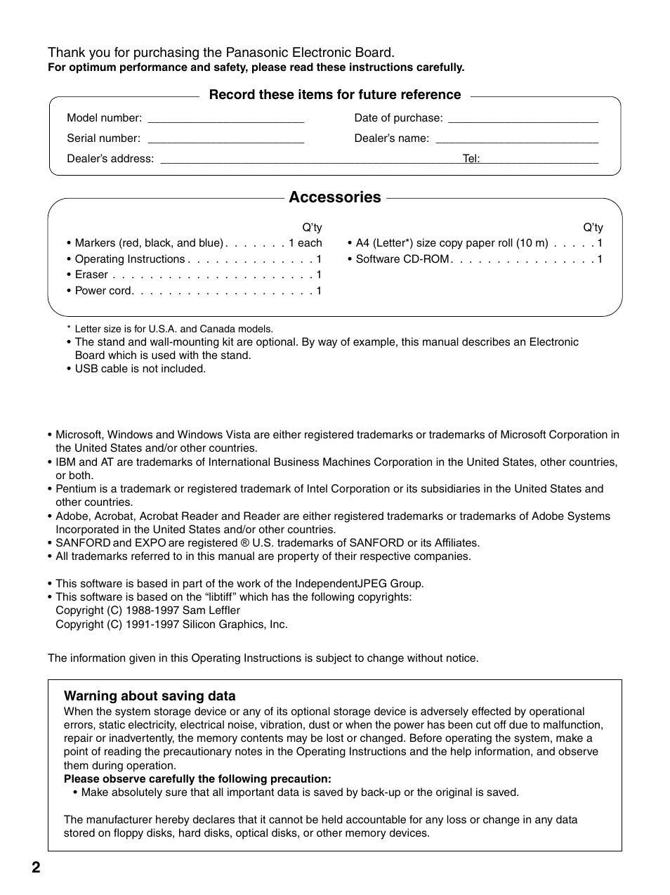 Accessories, Record these items for future reference, Warning about saving data | Panasonic UB-7320 User Manual | Page 2 / 42