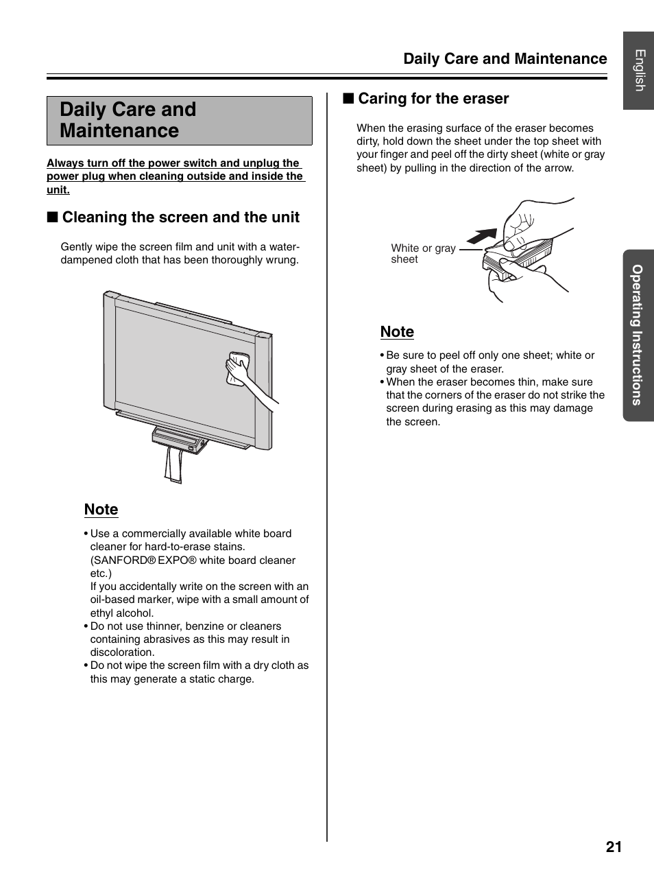 Daily care and maintenance, Cleaning the screen and the unit, Caring for the eraser | Daily care and maintenance 21 | Panasonic UB-7320 User Manual | Page 21 / 42