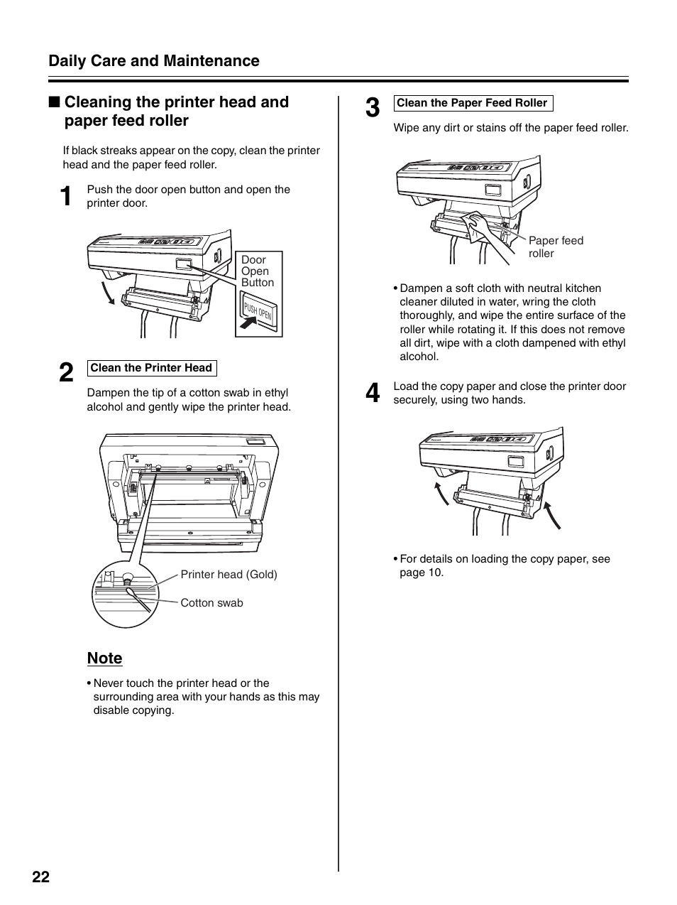 Cleaning the printer head and paper feed roller | Panasonic UB-7320 User Manual | Page 22 / 42