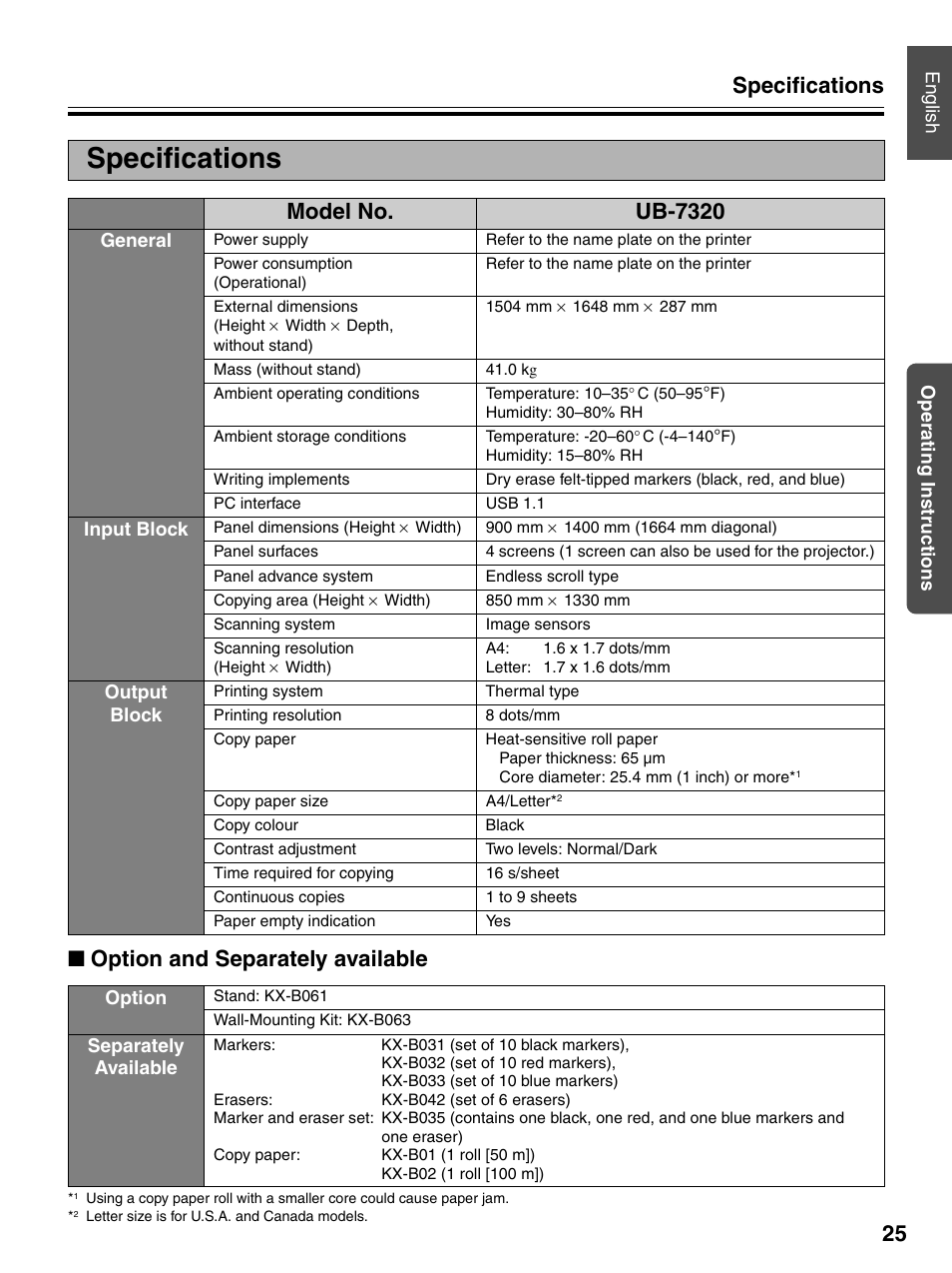 Specifications, Option and separately available, Specifications 25 | Model no. ub-7320 | Panasonic UB-7320 User Manual | Page 25 / 42