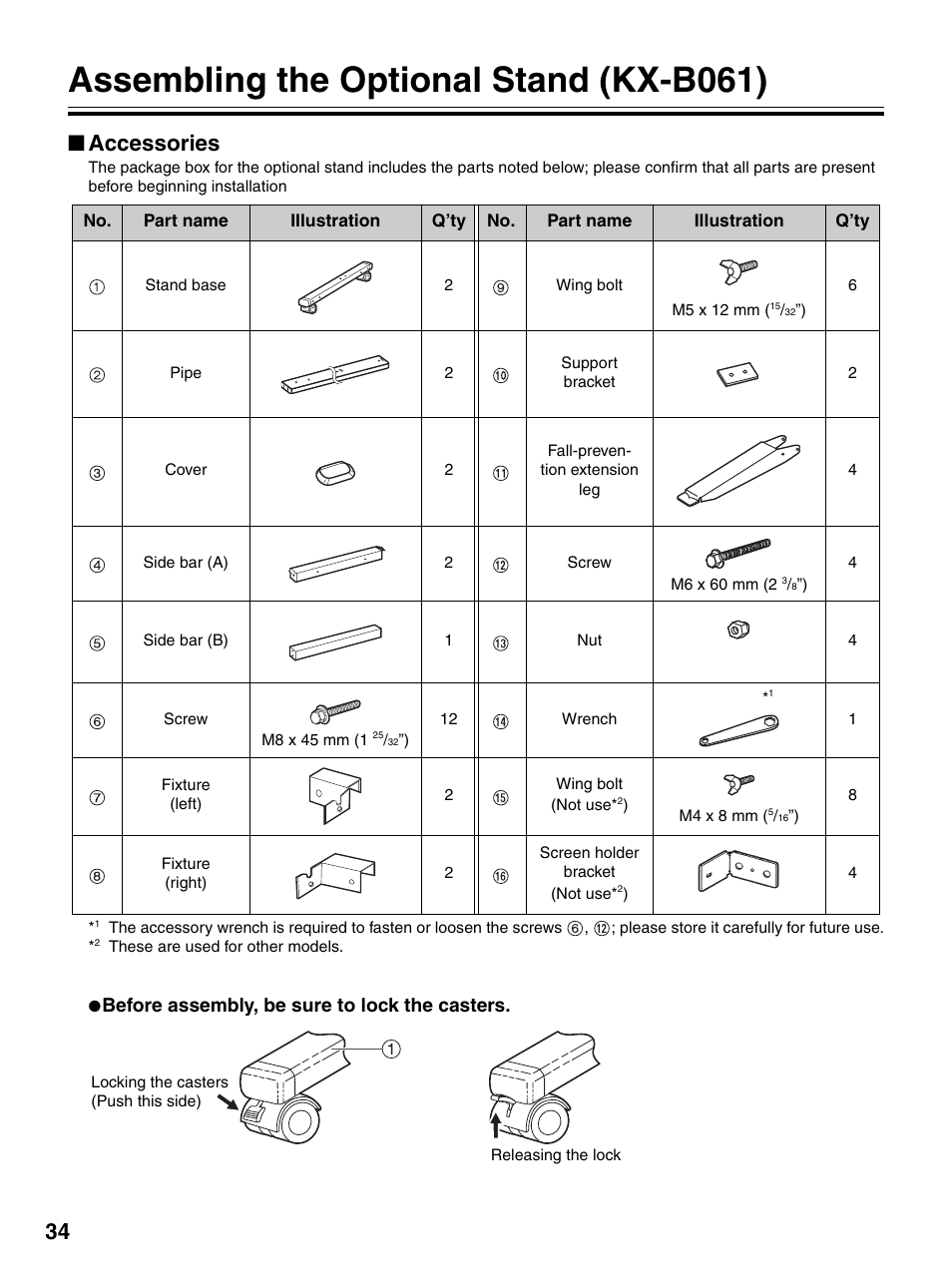 Assembling the optional stand (kx-b061), Accessories, Before assembly, be sure to lock the casters | Panasonic UB-7320 User Manual | Page 34 / 42